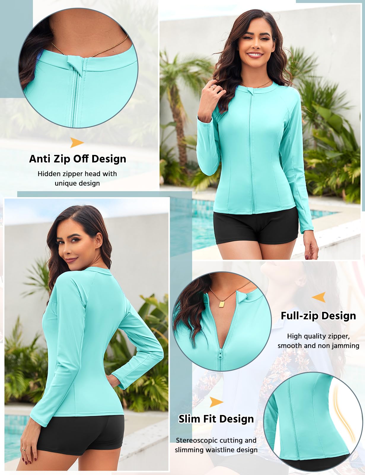 Tuopuda Camiseta de natación para Mujer Traje de baño de Manga Larga con Cremallera Camiseta de Surf Protección Solar Surf Rashguard Camisetas Deportivas de Secado Rápido