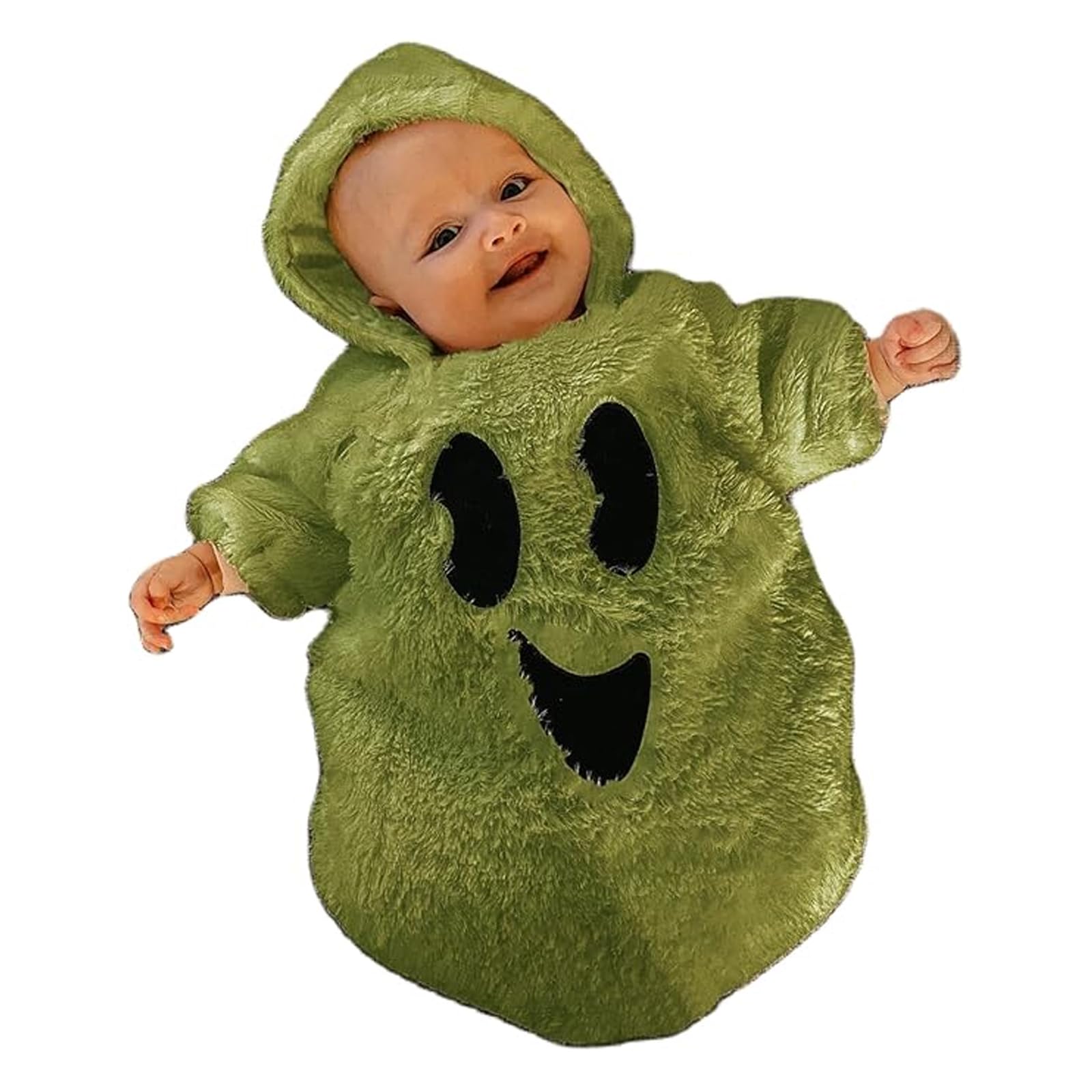 BABWWNIX Infant Baby Girl Boy Halloween Outfits Long Sleeve Plush Hoodie Romper Jumpsuit Cute Hoodie Ghost Bodysuit Costumes (Green, 0-3 Months)