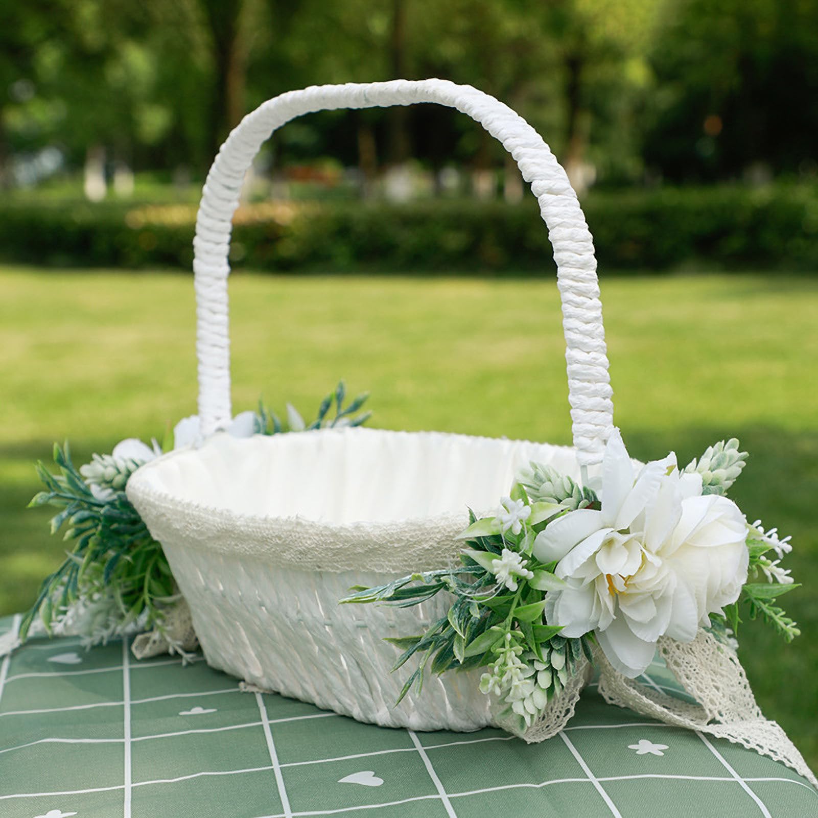Cesto per Damigella di Fiori, Cestini Bianchi con Fiocco e Manico Pieghevole per Matrimoni e Pasqua