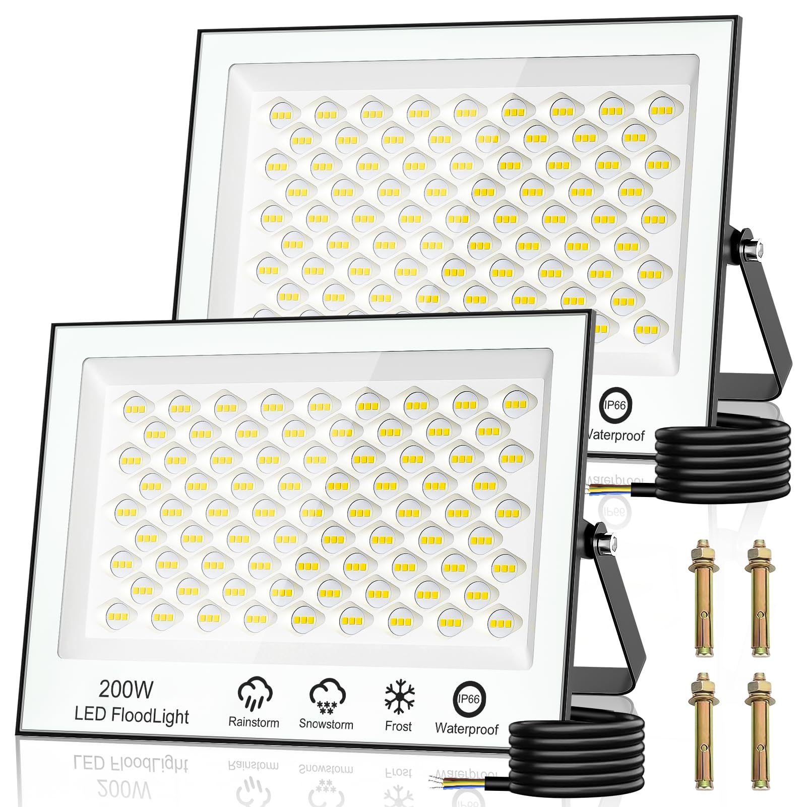 Faretto LED da Esterno 200W 2 Pezzi - Super Luminoso 20000LM Faretti LED 6500K Bianco Freddo Faro LED Esterno, IP65 Impermeabile Faretti LED Esterno per Giardino,Patio, Cortile, Terrazza, Garage