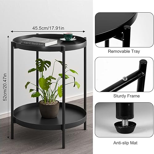 Miniatura 3 de Fixwal Mesa auxiliar redonda negra, mesa auxiliar pequeña de metal con bandeja extraíble para sala de estar, dormitorio, balcón, patio y oficina