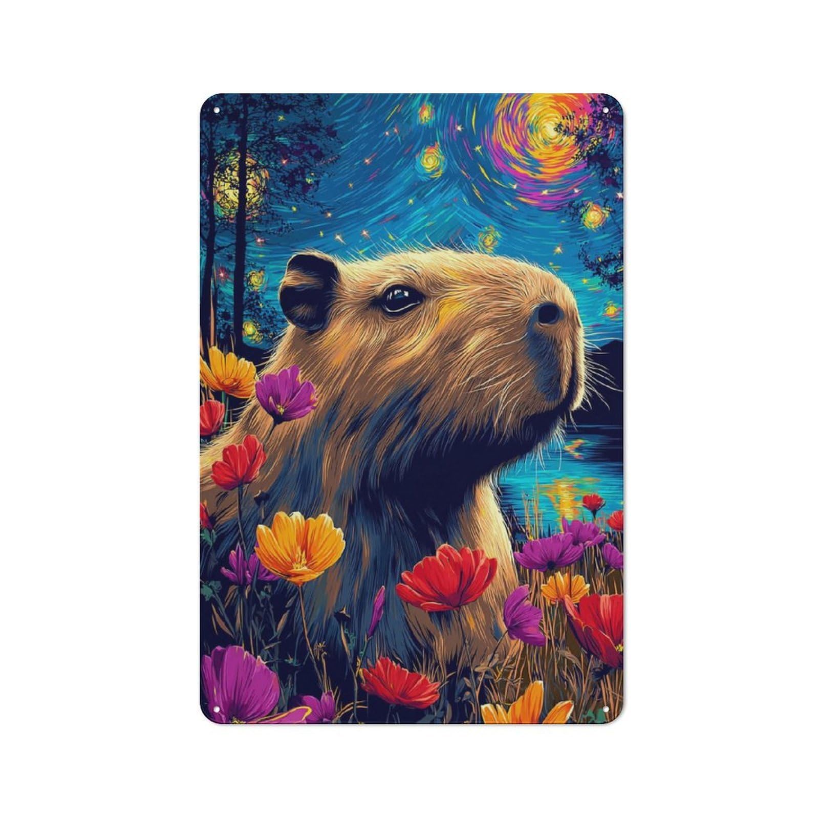 Junmoney Capybara In A Starry Garden Vintage Tin Sign 30X20cm With For Workshop Wall, For Makers And Diy Enthusiasts, For Retro Home Interiors