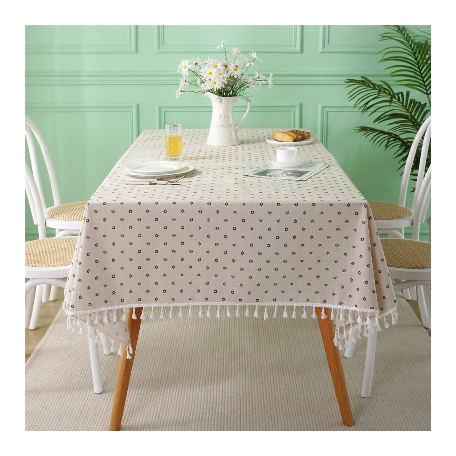 Tischdecken Outdoor, Tischtuch für Draußen Eckig 130x180CM Nordisch Gänseblümchen Muster mit Qusten Tischdecke Abwaschbar für Draußen Beige