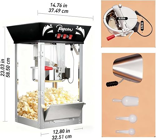 Miniatura 5 de Máquina comercial de palomitas de maíz de 12 onzas, 850 W, máquina de palomitas de maíz de cine, máquina de maíz de mesa negra con control de 3