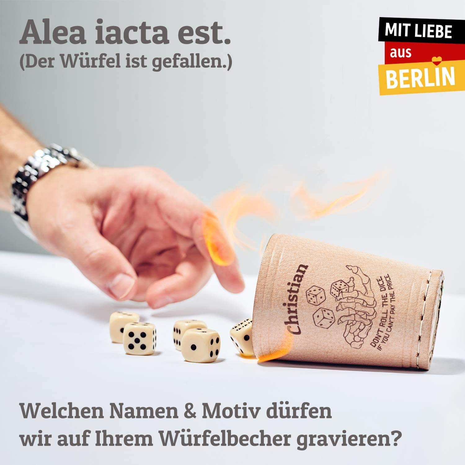 Leder Würfelbecher mit Gravur | Ihr Name + div. Motive zur Auswahl | inkl. 5 Würfel