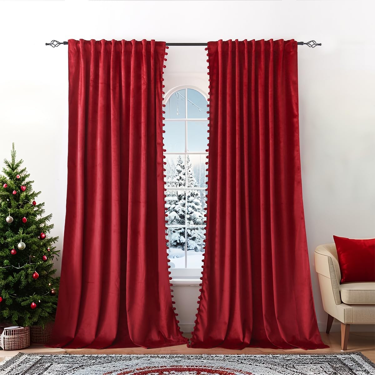 Lapalife Christmas Red Blackout Velvet Curtains with Pompom Pencil Pleat for Bedroom Livingroom,2 Panel 108 inch Long Room Darkening Thermal Insulated Noise Reducing Drapes,Functional Heading