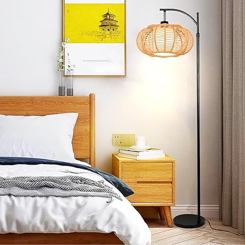 Miniatura 6 de Lámparas de pie de arco para sala de estar, dormitorio, lámpara de pie bohemia de ratán con control remoto, lámpara de pie LED regulable, pantalla