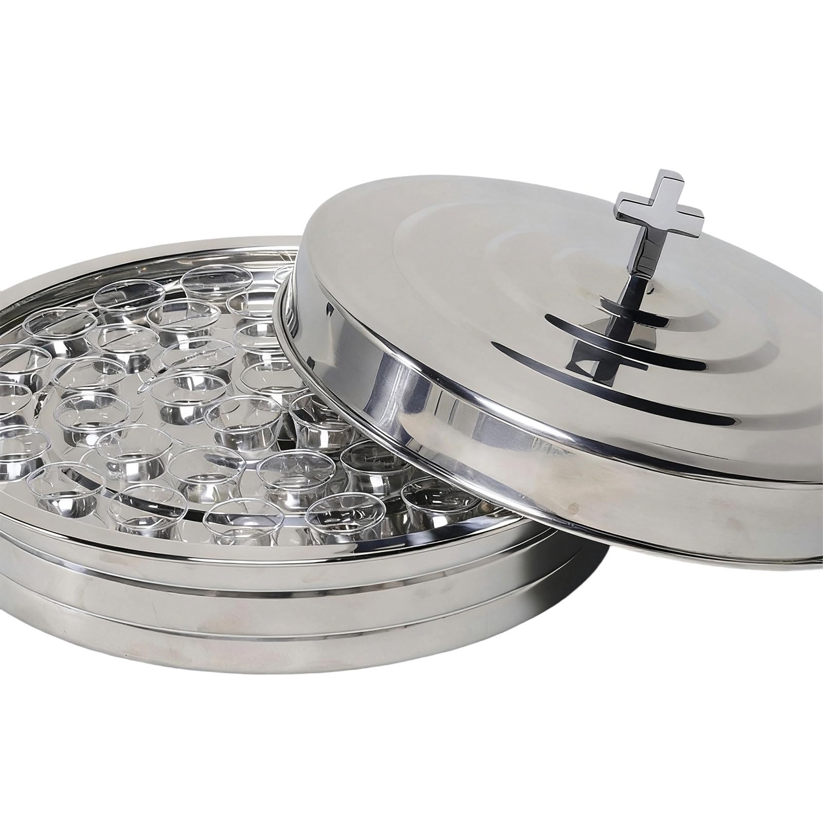 Vassoio in acciaio inox per comunione, design a 72 fori con coperchio, grande capacità, per servizi religiosi, forniture in acciaio inox