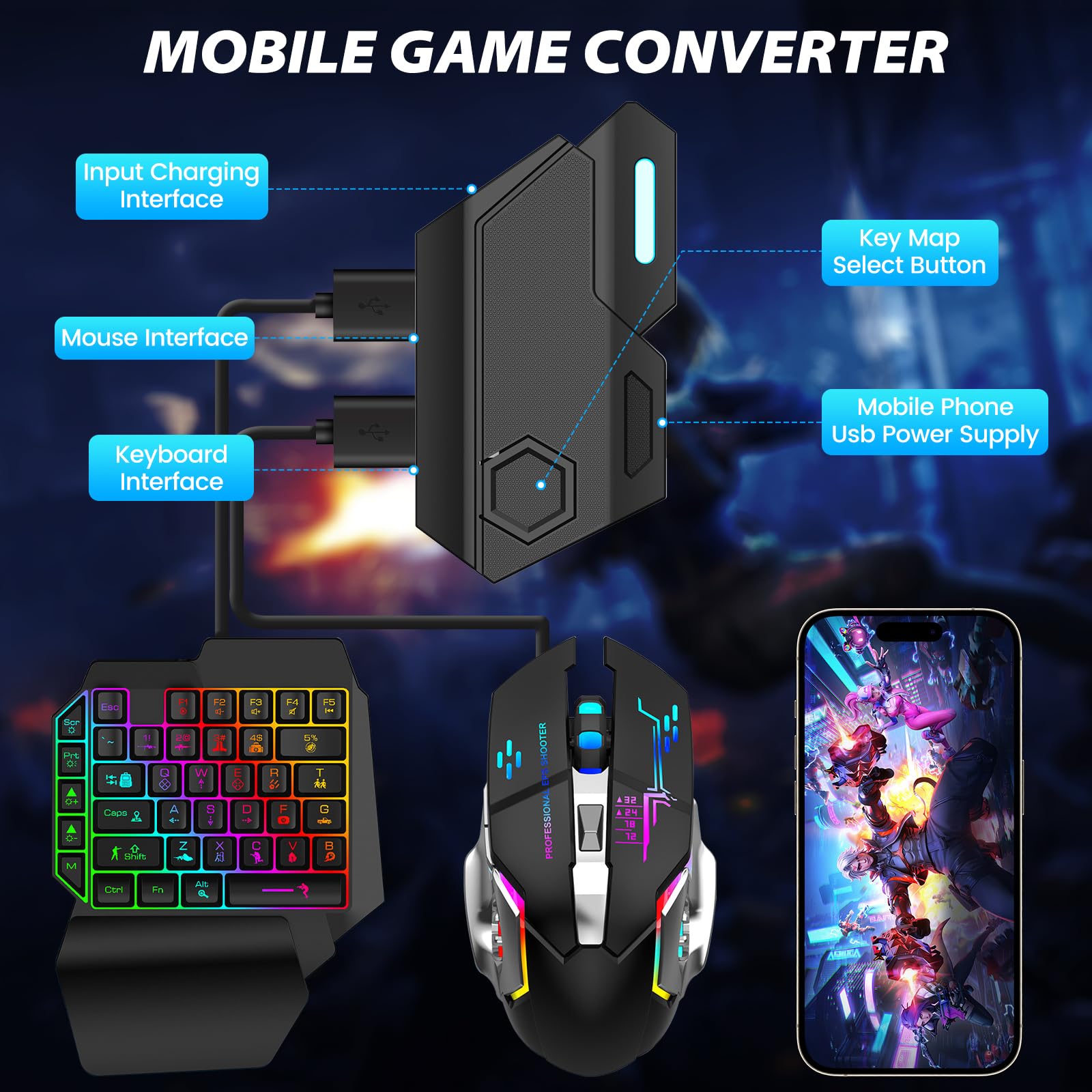 Bestcool Clavier mécanique Filaire à 39 Touches RVB avec Repose-Poignet, convertisseur de Souris de Jeu pour PUBG, Jeux sur téléphone Android, Pas pour iOS