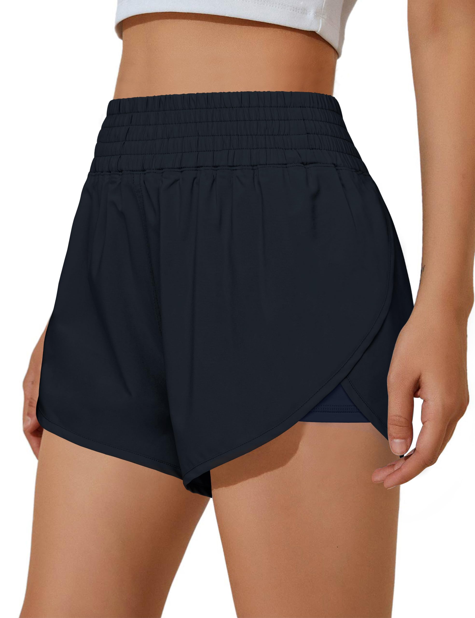 BMJL Womens Running Shorts High Waisted Side Pocket Athletic Shorts High Side Slit 2 in 1 Gym Shorts