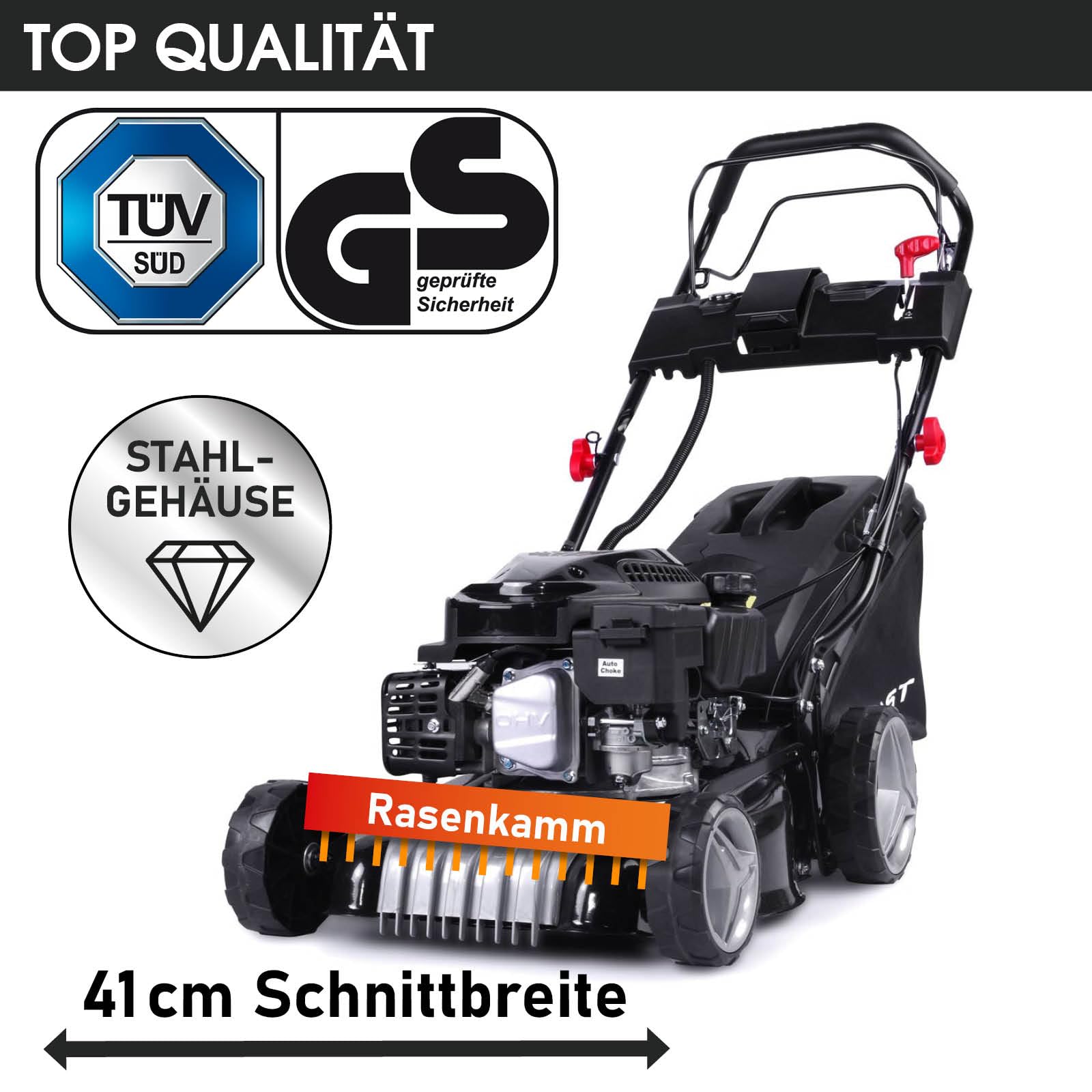 BRAST Benzin Rasenmäher mit Antrieb | 3,0kW (4,1PS) | Elektrostart | 41cm Schnittbreite | TÜV | 4 Takt OHV Motor | 25-75mm Schnitthöhe | 40L Fangkorb | Stahlgehäuse | 16145 Estart