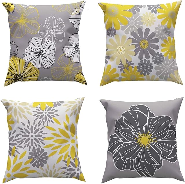 ROCK CLOUD Yellow Cushion Covers 45 x 45 cm Set of 4 Decorative Throw Pillow Cover for Couch Modern Pillow Cases for Living Room Cushion Bed Outdoor Car Gray and Yellow Home Decor