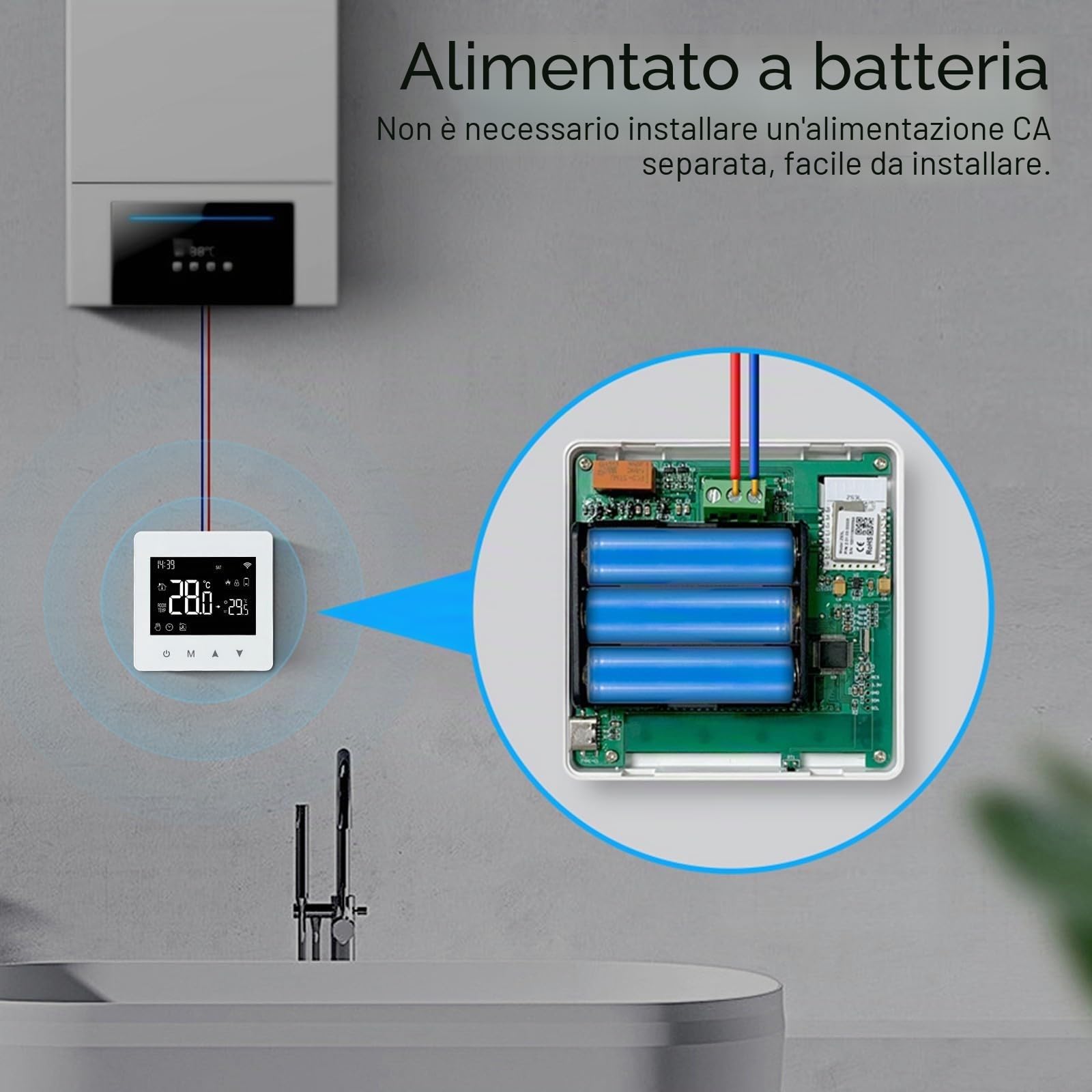per TUYA Wifi Termostato, Termostato Termostato Intelligente Programmabile, Cronotermostato Smart Compatibile con Alexa e Home, Alimentazione a Batterie, Bianco