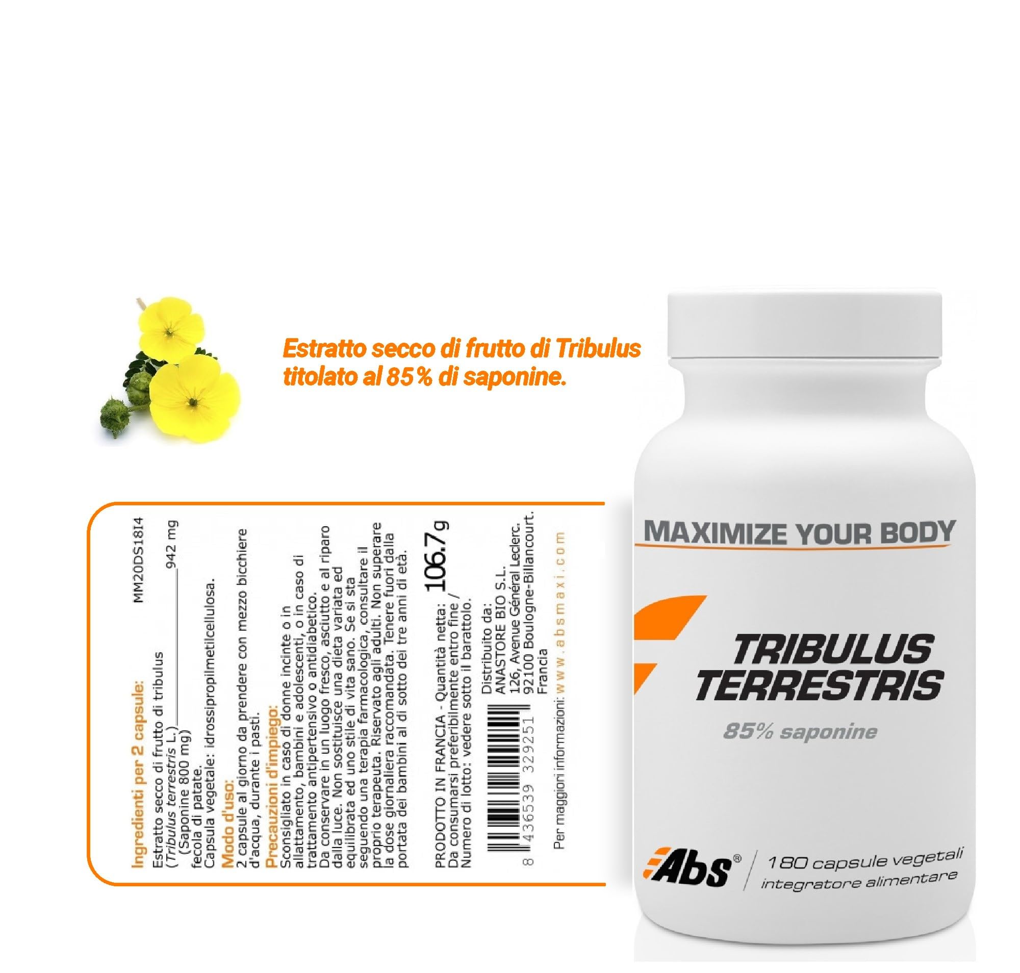 Tribulus terrestris * 470 mg / 180 capsule * Titolato al 85% di saponine * Tono corporeo e muscolare + Energia