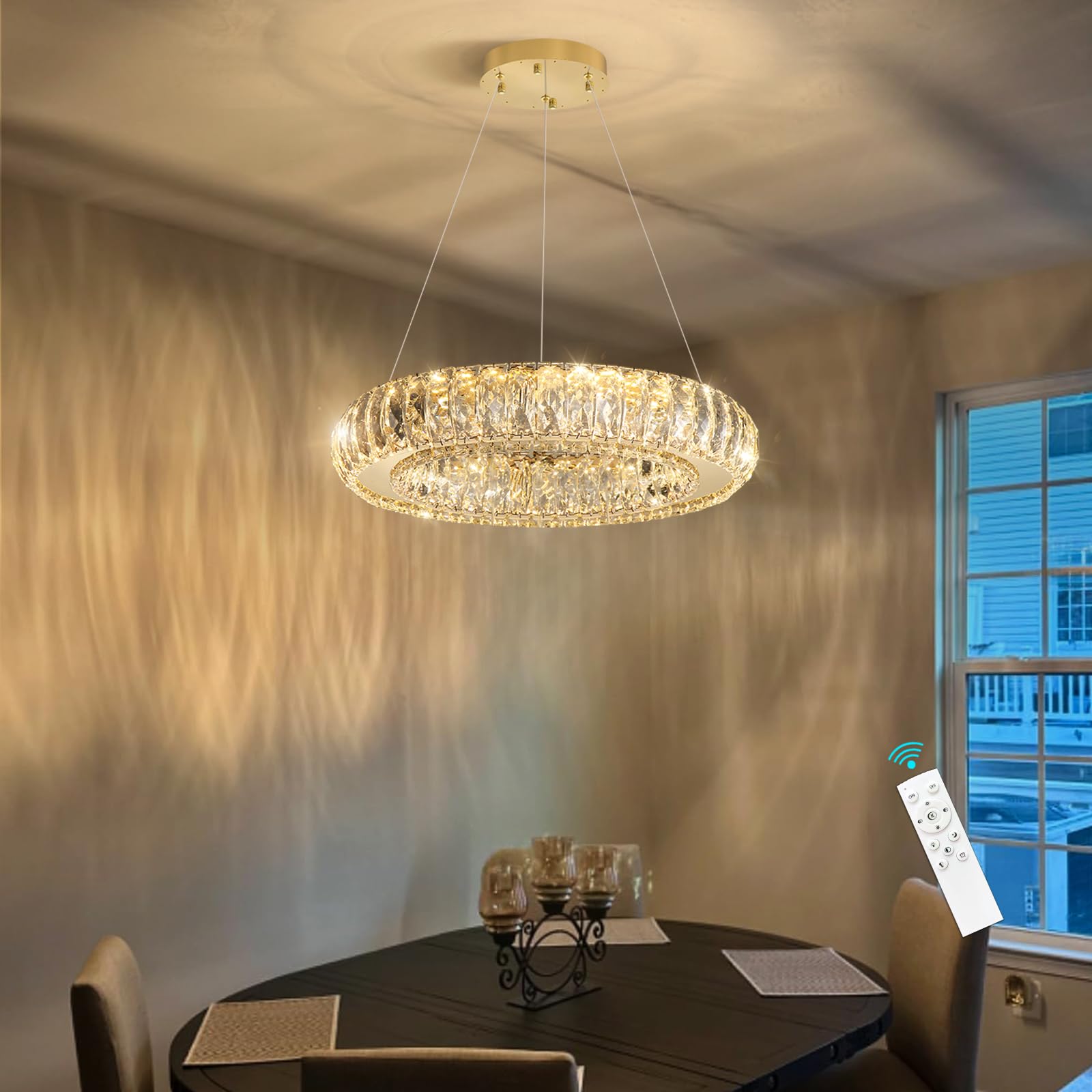 Photo 1 of HAIXIANG Modern Chandelier Crystal LED Dimmable Ring Pendant Lights Adjustable Hanging Lighting Chandeliers Fixtures for Dining Room Bedroom Kitchen Island Table Gold Light