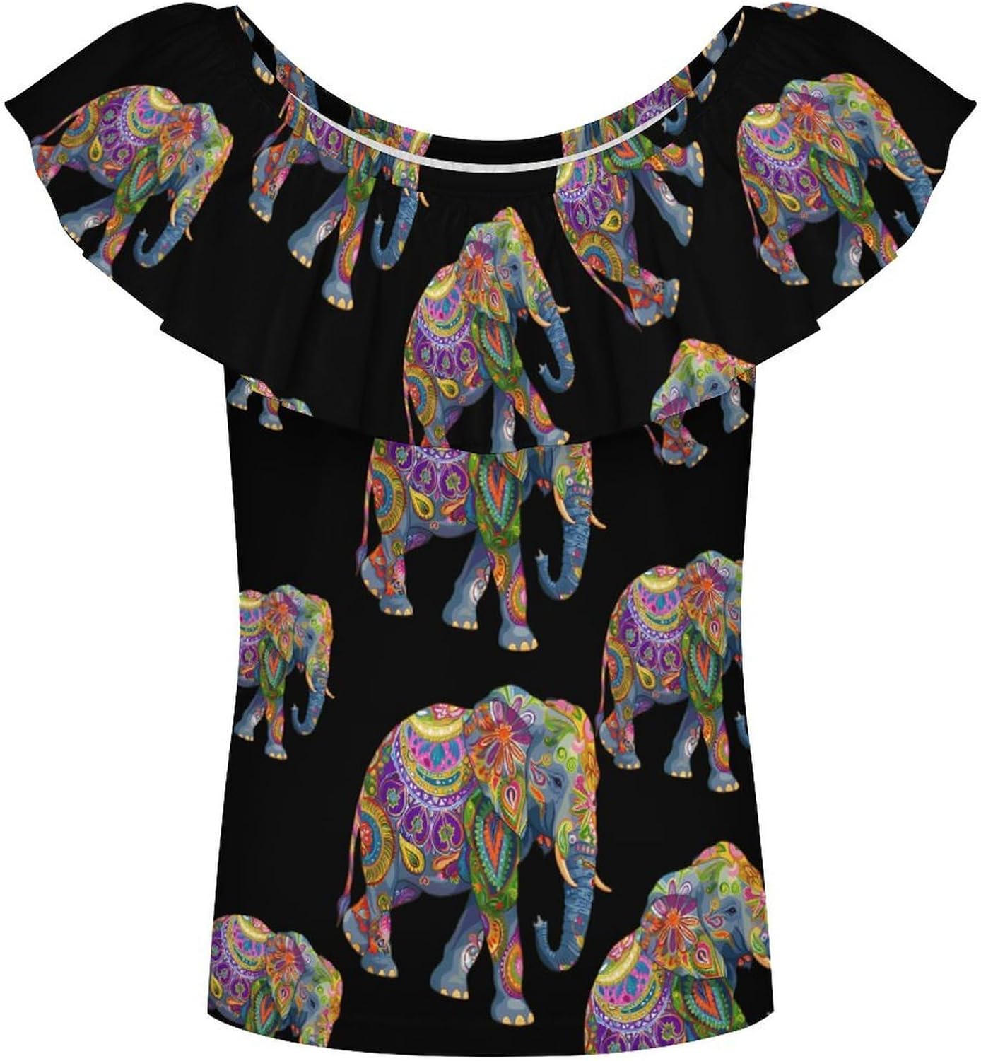 Boho Painted Elephant Girls T-Shirts Top Ruffle Short Sleeve Blouse Casual Graphic Tees