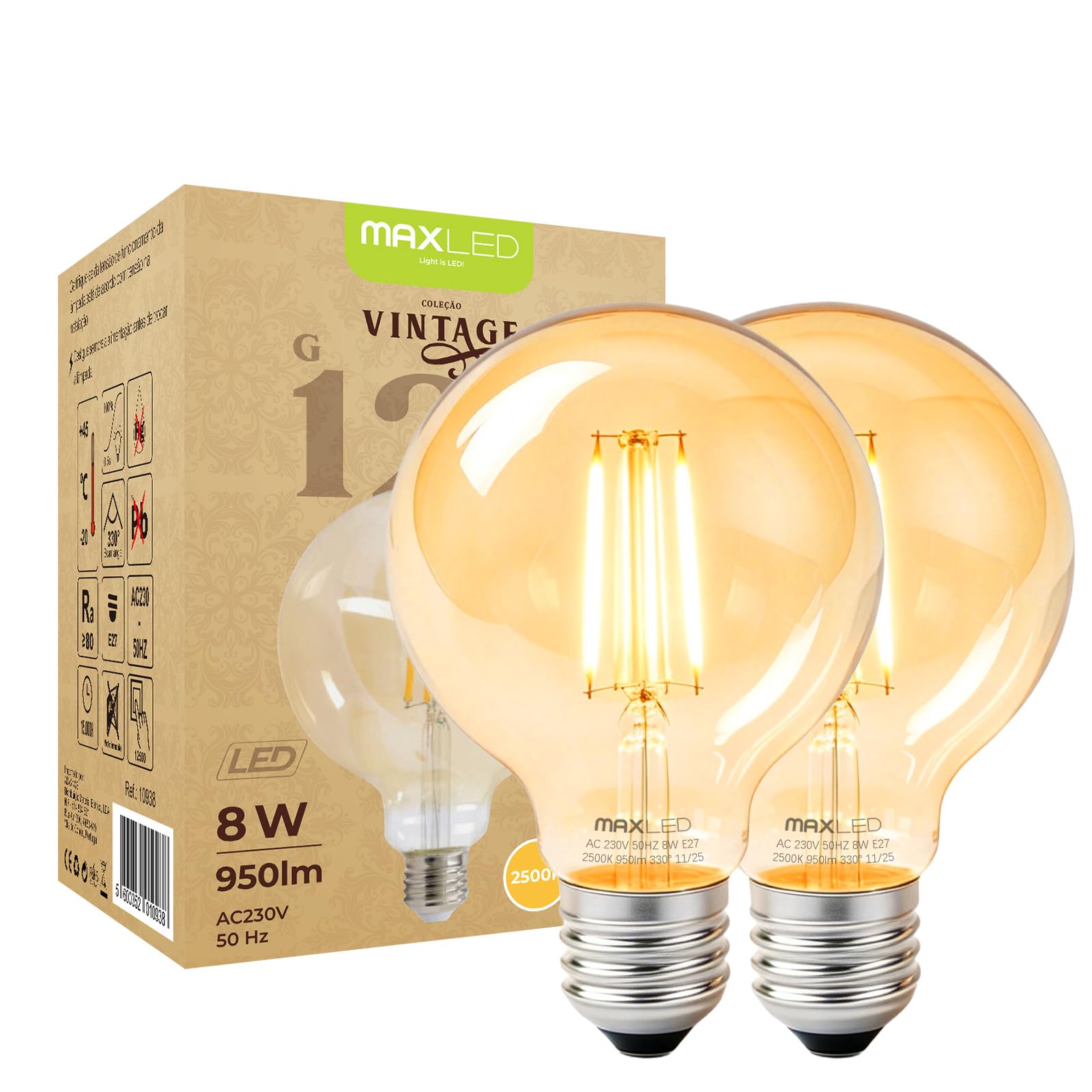 Maxled Light is Led! 2 Stuks Globe E27 G125 Vintage Edison LED Gloeidraad Gloeilamp 8W Vervangt 60W Conventionele Gloeilamp 2500K Warmwit Amber Glas 950lm Stralingshoek 330° 230V Niet Dimbaar