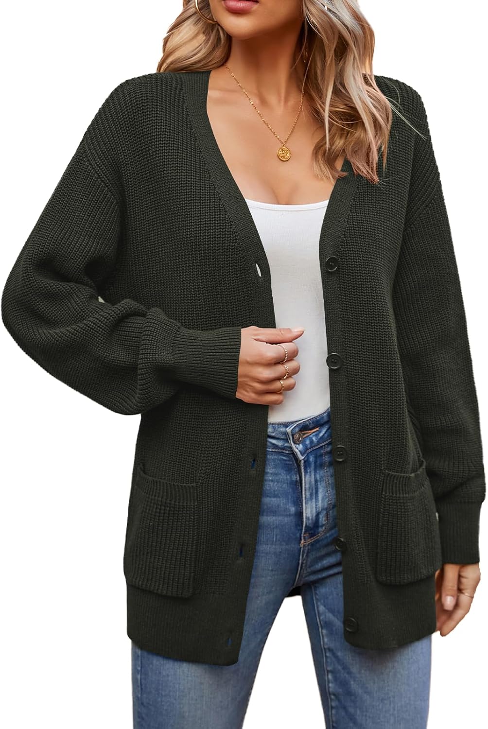 QUALFORT Women's 100% Cotton Cardigans for Women Lantern Sleeve Oversized Sweater with Pockets Womens Fall Cardigans 2026 - Image 3