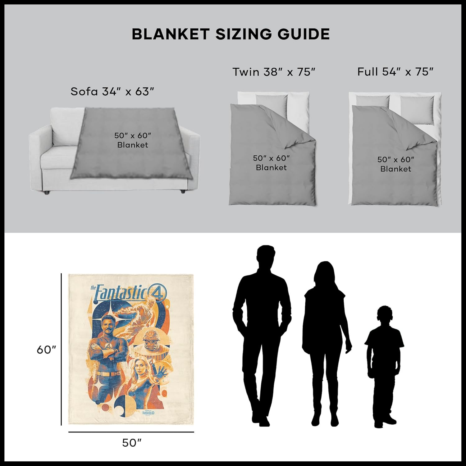 Marvel Fantastic Four First Steps First Family Silk Touch Throw Blanket – Ultra-Soft Fleece, Official Superhero Bedding or Couch Throw, 50 x 60 inches