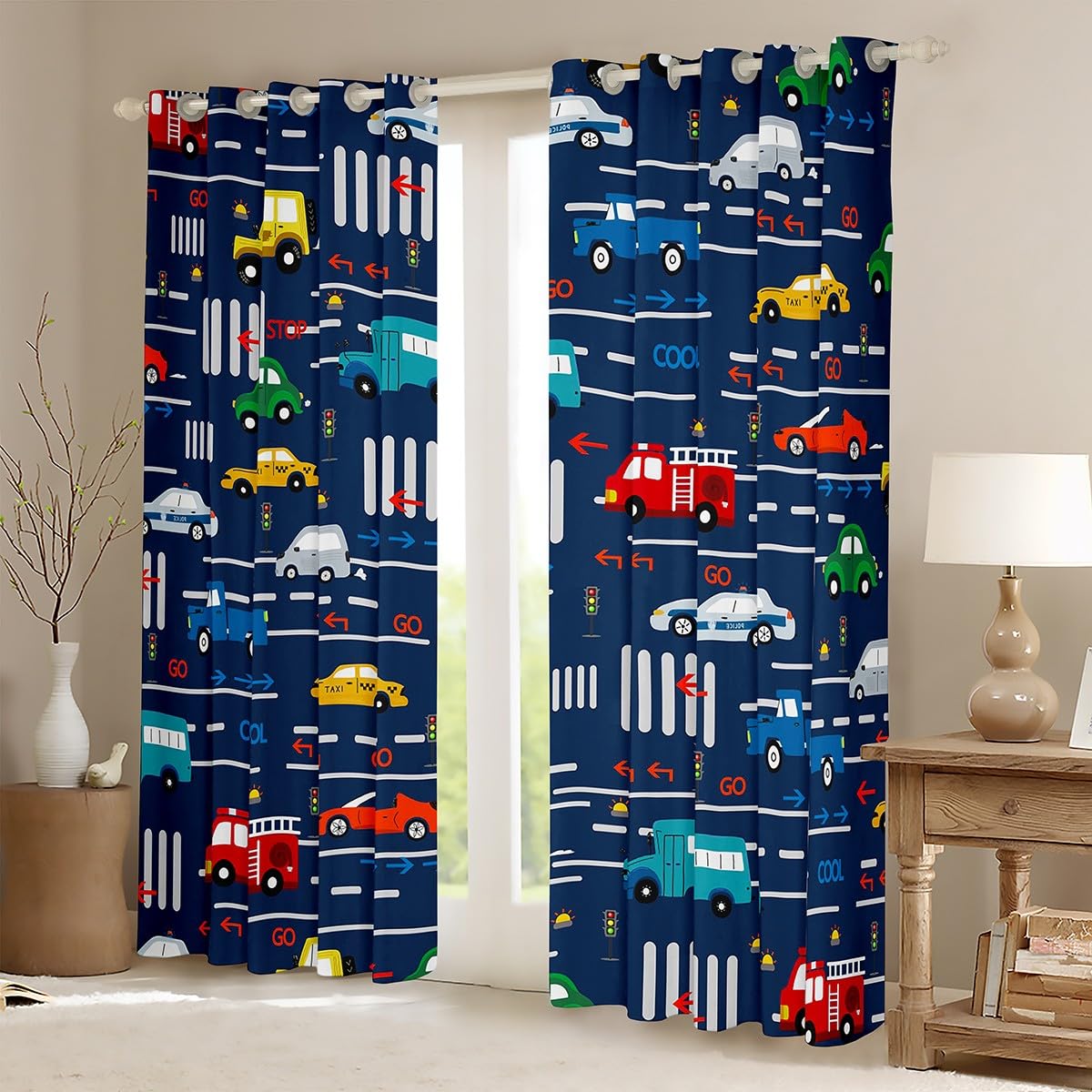 Homemissing Cortinas opacas de coche de dibujos animados (30%-50%) vehículos de transporte cortinas de ventana de camiones de bomberos de dibujos animados para niños y niñas, tratamientos de ventana