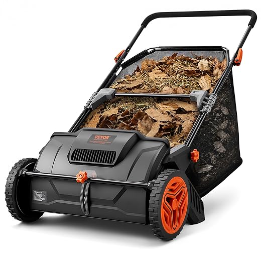 VEVOR Push Lawn Sweeper, 21inch Leaf & Grass Collector, Heavy Duty Thickened Steel Durable to Use with Large Capacity 3.5 cu. ft. Mesh Collection Hopper Bag, 2 Spinning Brushes