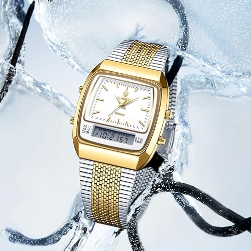 Miniatura 4 de SKMEI Relojes digitales analógicos retro para hombre, correa de acero inoxidable dorado, elegante, casual, de doble pantalla, relojes de pulsera