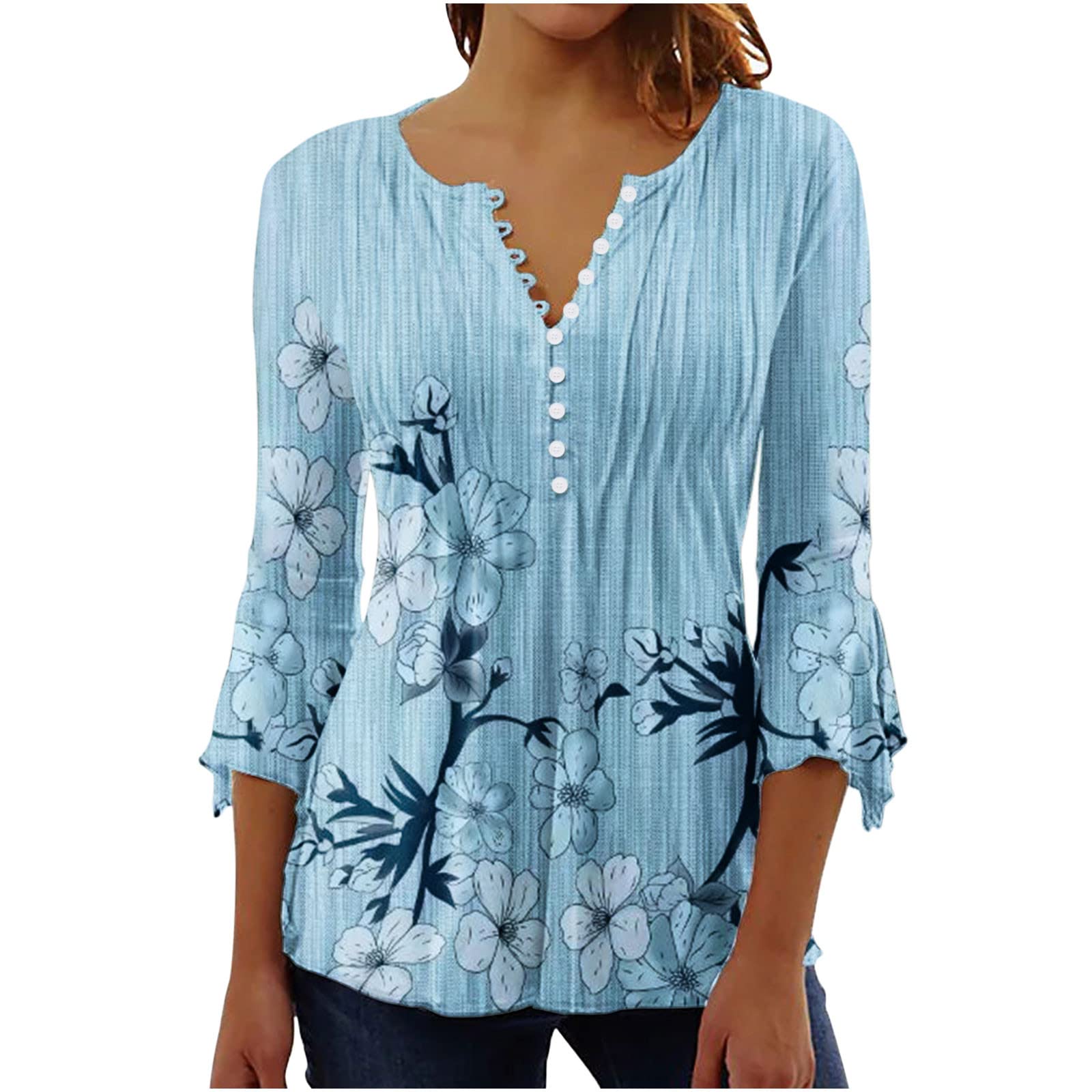KUIH3/4 Sleeve Blouses for Women Casual Loose Button UP Pullover Flower Print Lace V Neck Blouse Elegant Breathe Lightweight Tunic Pullover T-Shirt Sweatshirts for Summer Party Dance Office UK Plus Size