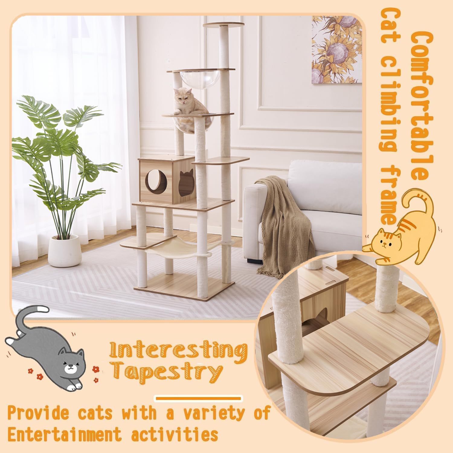 Tiragraffi per gatti 193 cm - 16 Tiragraffi grande - Amaca - 2 Cabine trasparenti - Giocattoli per gatti, Piattaforme di peluche.(KT1154)