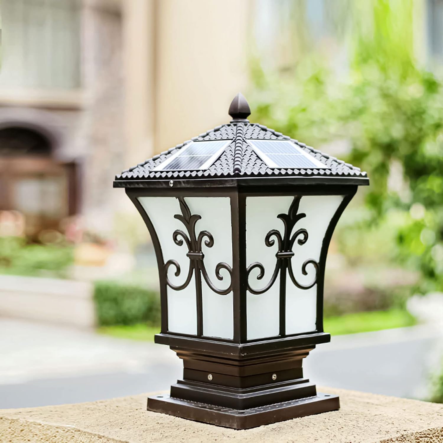 LED Solar Post Light Outdoor, Dusk to Dawn Outdoor Solar Lamps, Solar Pillar Light, Vintage Style LED Exterior Lighting Fixture for Decorative House Entrance/Garden/Backyard, Black