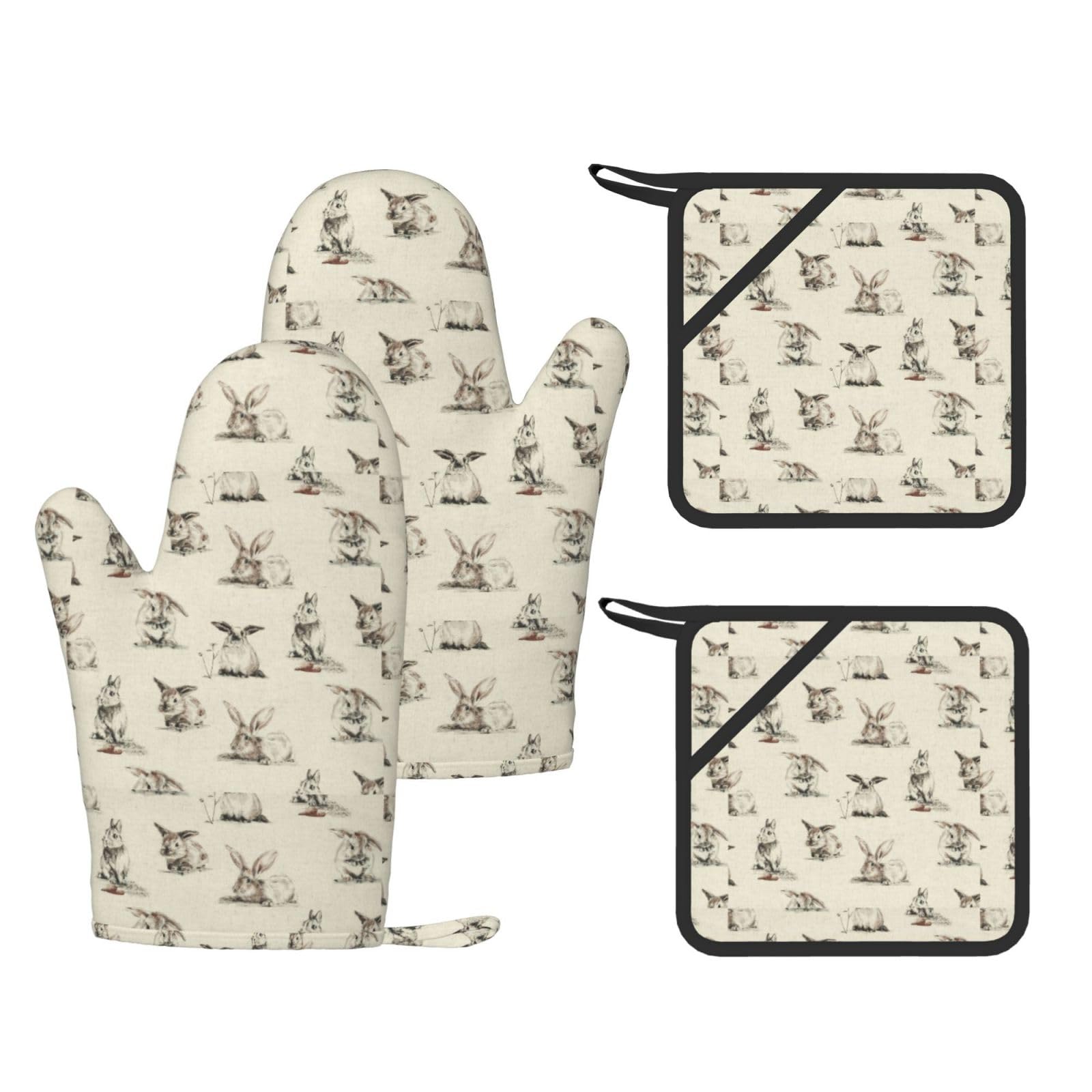 Rabbit background Printed Oven Mitts and Pot Holders Set of 4, Heat Resistant Silicone Gloves for Baking Grilling