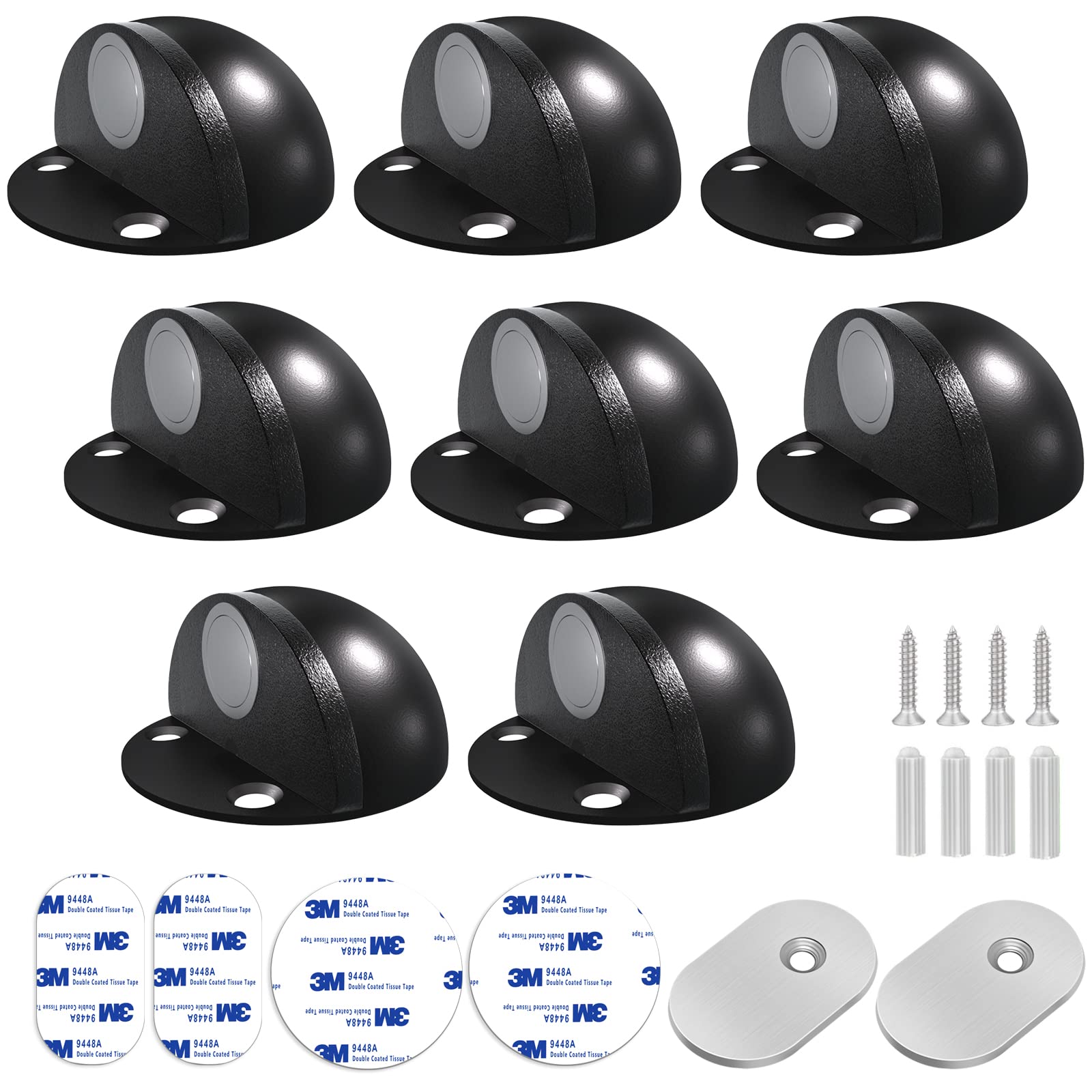 8 Pack Magnetic Door Stoppers Self Adhesive Floor Mount Door Stops Black Rubber Bumper, Stainless Steel Doorstop for Bottom, Barn Door