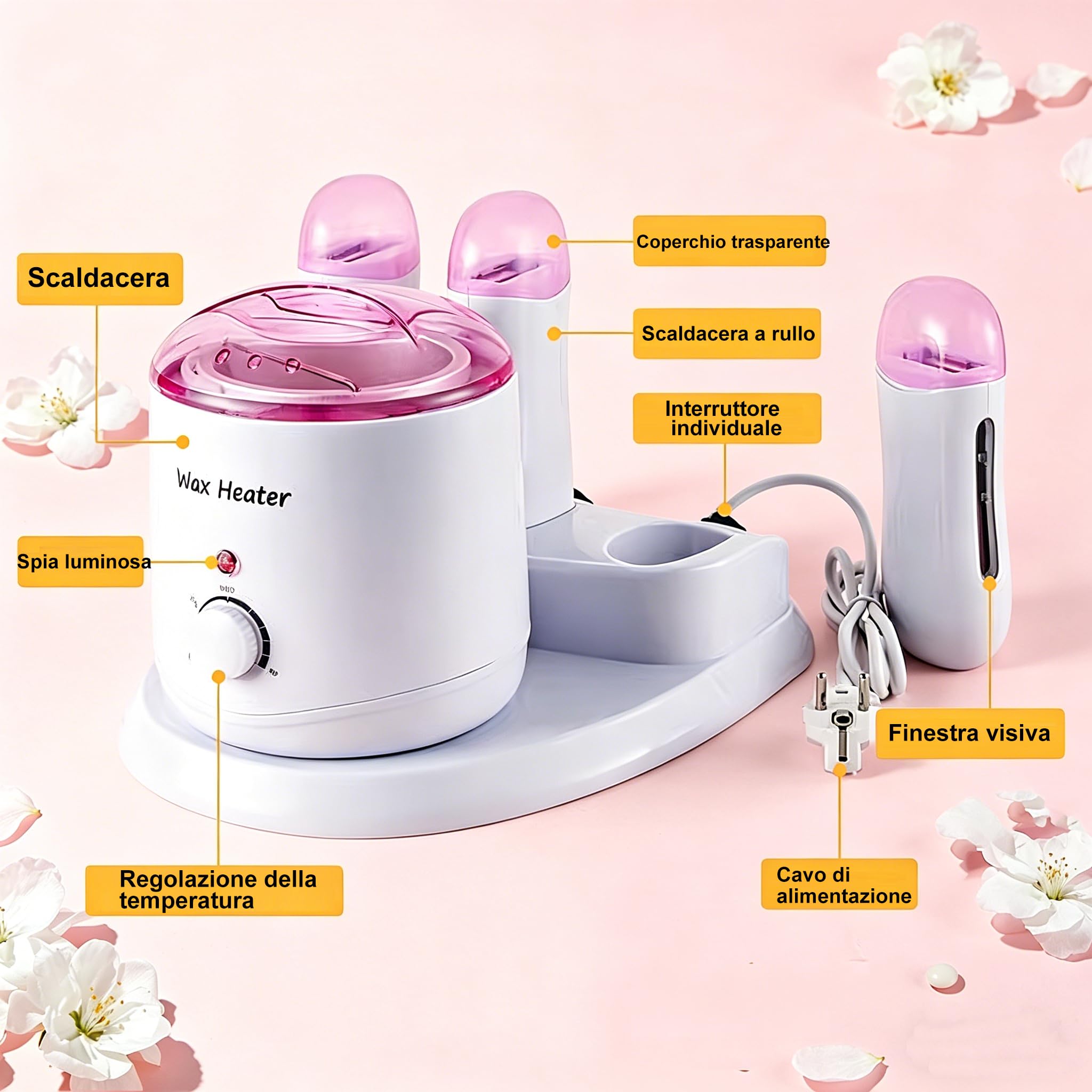 Scaldacera professionale 4 in 1, Scalda Cera per Ceretta 800 ml + 3 Ceretta Rullo 100 g con interruttori indipendenti, Kit Ceretta adatto alla depilazione completa del corpo (Rosa)