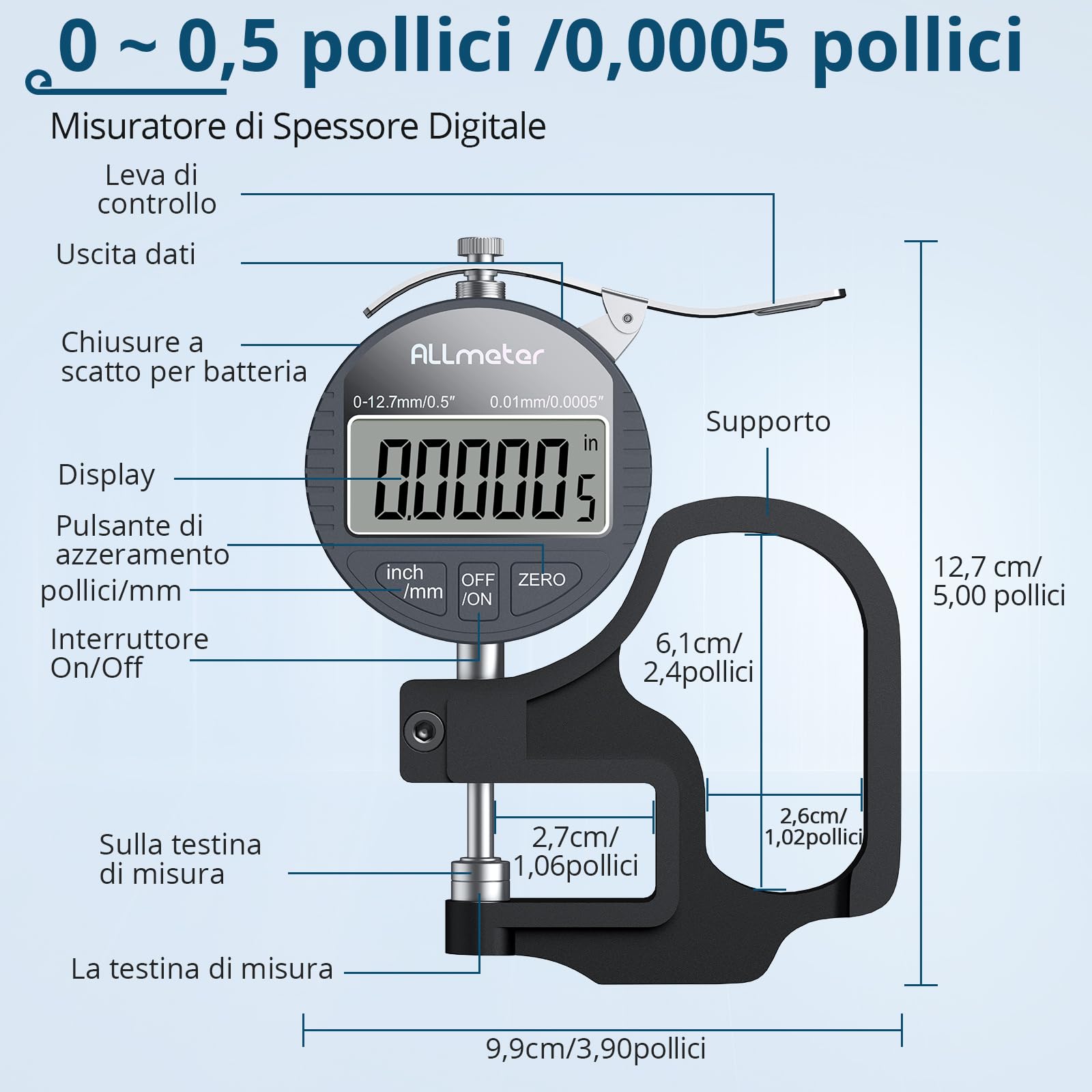 Calibro per Spessori Digitale 0-12,7mm/0-0,5" con Precisione di 0,01 mm/0,0005", Misuratore di Spessore Elettronico con Display LCD e Funzione Auto-Zero per Pelle, Carta, Tessuto