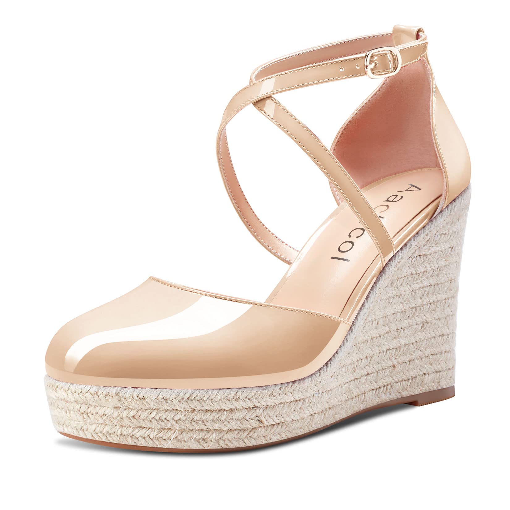 Aachcol Mujer cuña Esparto Plataforma Pumps Redonda Punta Correa Tobillo Chunky Ancho Alto High Heel Dress Zapatos Pumps de Boda Charol 10 CM