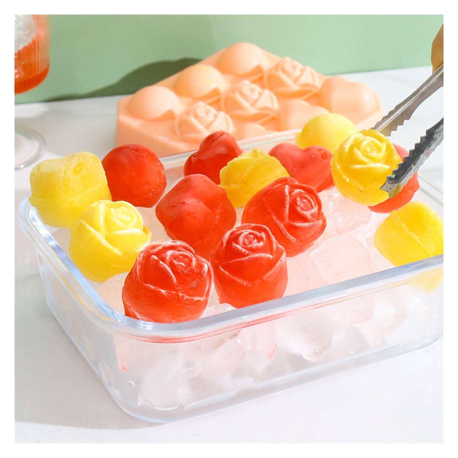 Vassoio per cubetti di Ghiaccio Stampo per Palline di Ghiaccio Cornice in Silicone Vassoi per cubetti di Ghiaccio con Coperchio Grande Fiore Rosa Cuore Forma Rotonda Gadget da Cucina Estivi Senza BPA