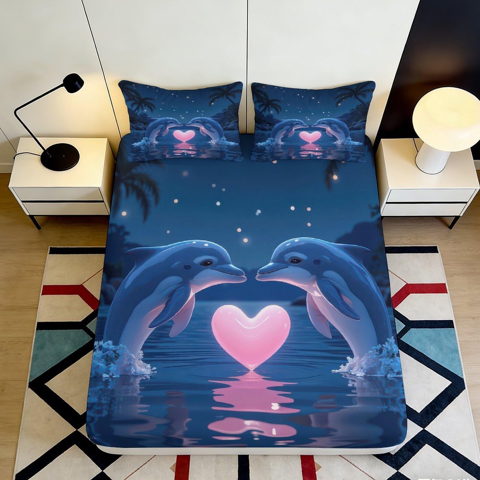 3D Printed Night Dolphin Fitted Sheet Microfiber Soft Anti-Slip Heart Ocean Bed Cover for Bedroom Dorm Mattress Protection 200x200x25cm