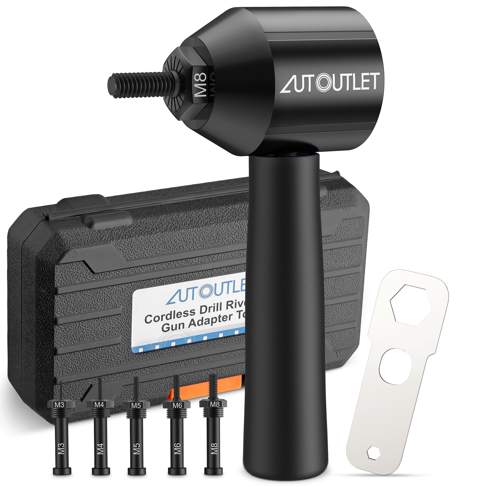 AUTOUTLET Riveter Adapter for Drill, 5 Replaceable Mandrels M3-M8, Compatible with Aluminum and Steel Nuts (Black) Global Recycled Standard Global Recycled Standard Global Recycled Standard