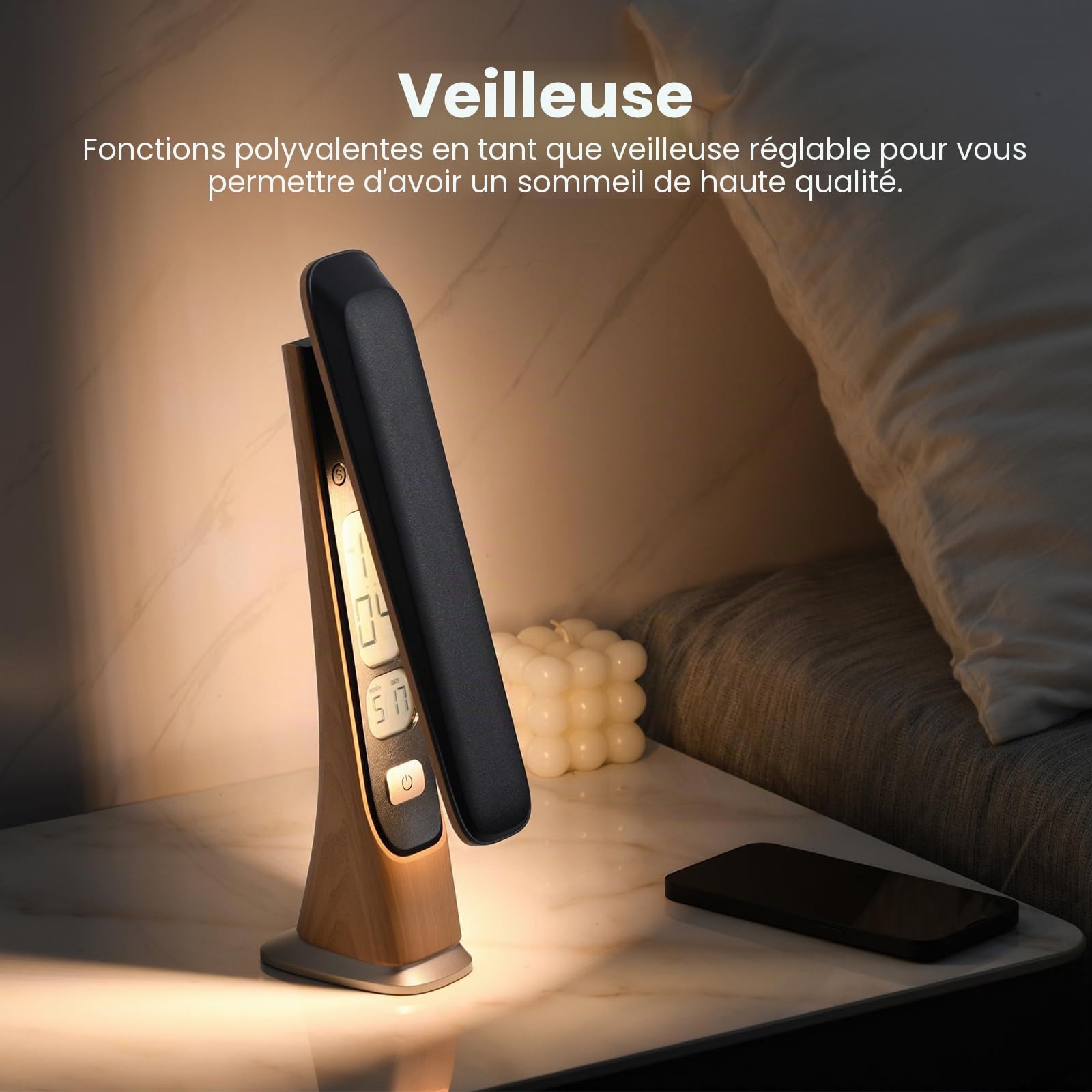 Lampe de bureau LED rechargeable, Lampe de Chevet Tactile à intensité variable avec batterie horloge affichage numérique heure activées par le toucher Portable pour la maison, la lecture,le bureau