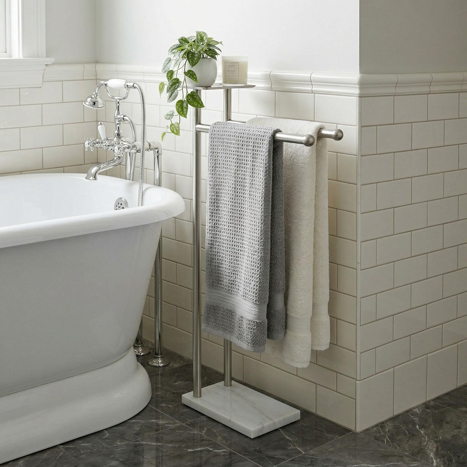Songtec Toallero para baño, soporte para toallas de baño de 2 niveles para toallas de baño de máximo a 68 pulgadas, práctico estante en la parte superior