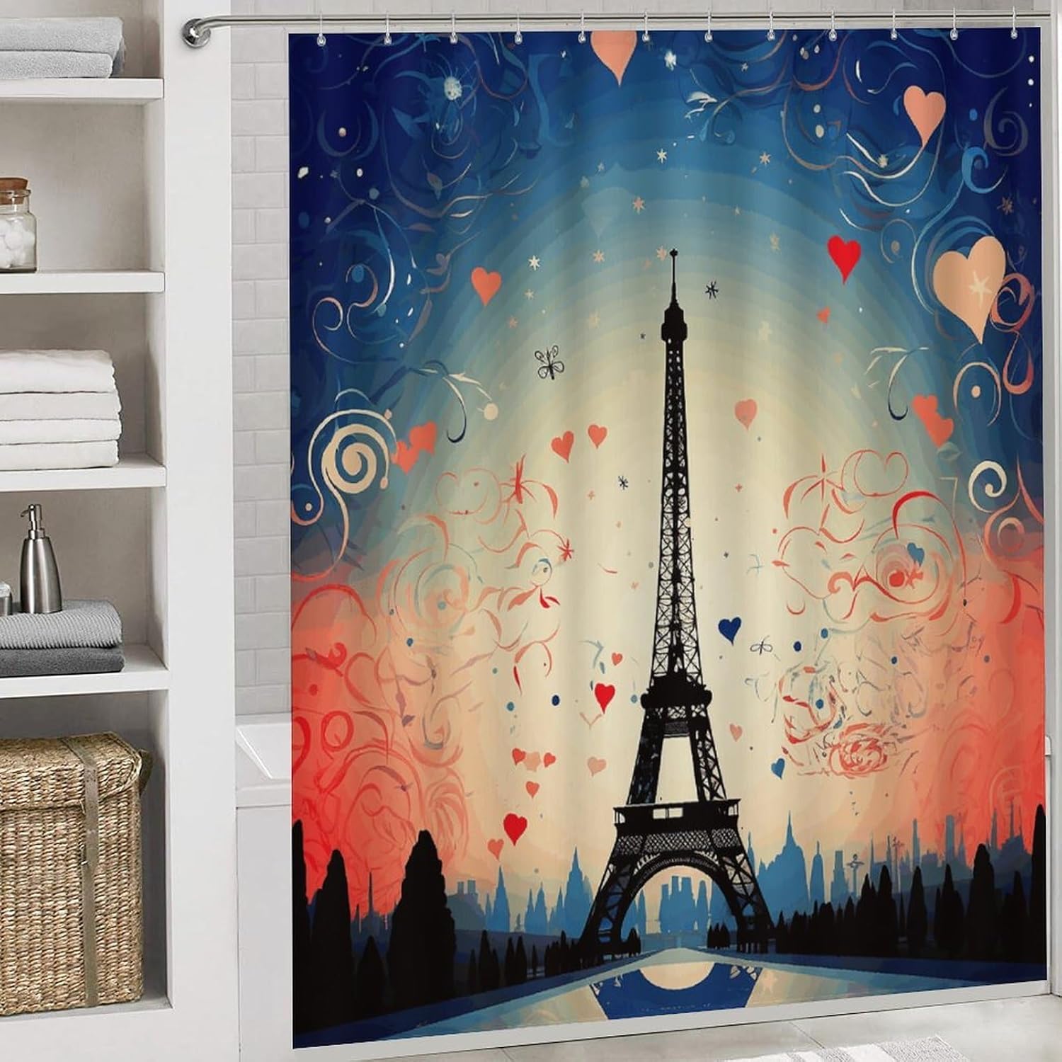 Paris Pattern Shower Curtain Set 4 Piece, Non-Slip Bath Mat with Toilet Lid Cover and Waterproof Shower Curtain with 12 Hooks, Complete Bathroom Set for Home Decor