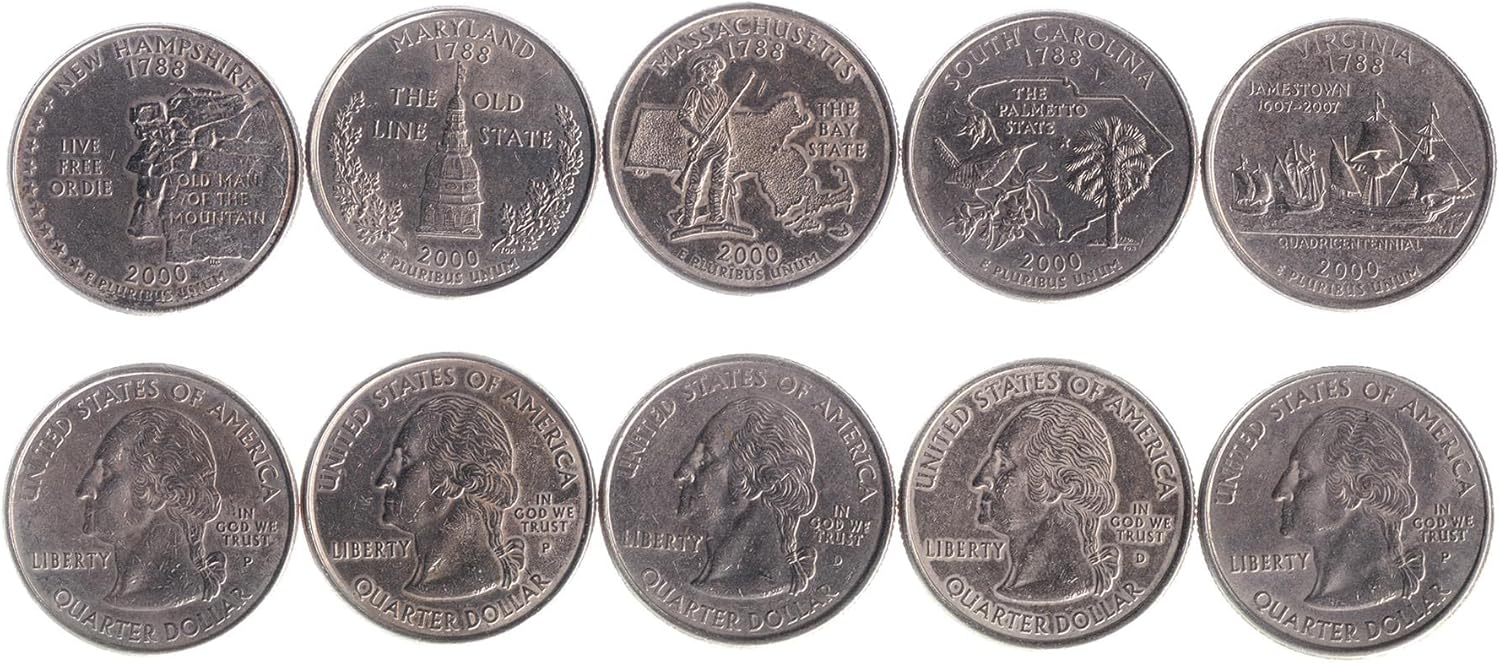 5 Coins from United States | American Coin Set Collection ¼ Dollar | Circulated 2003 | Helen Keller | George Washington | Abraham Lincoln | Lewis and Clark | Pemaquid Point Lighthouse | Diamond