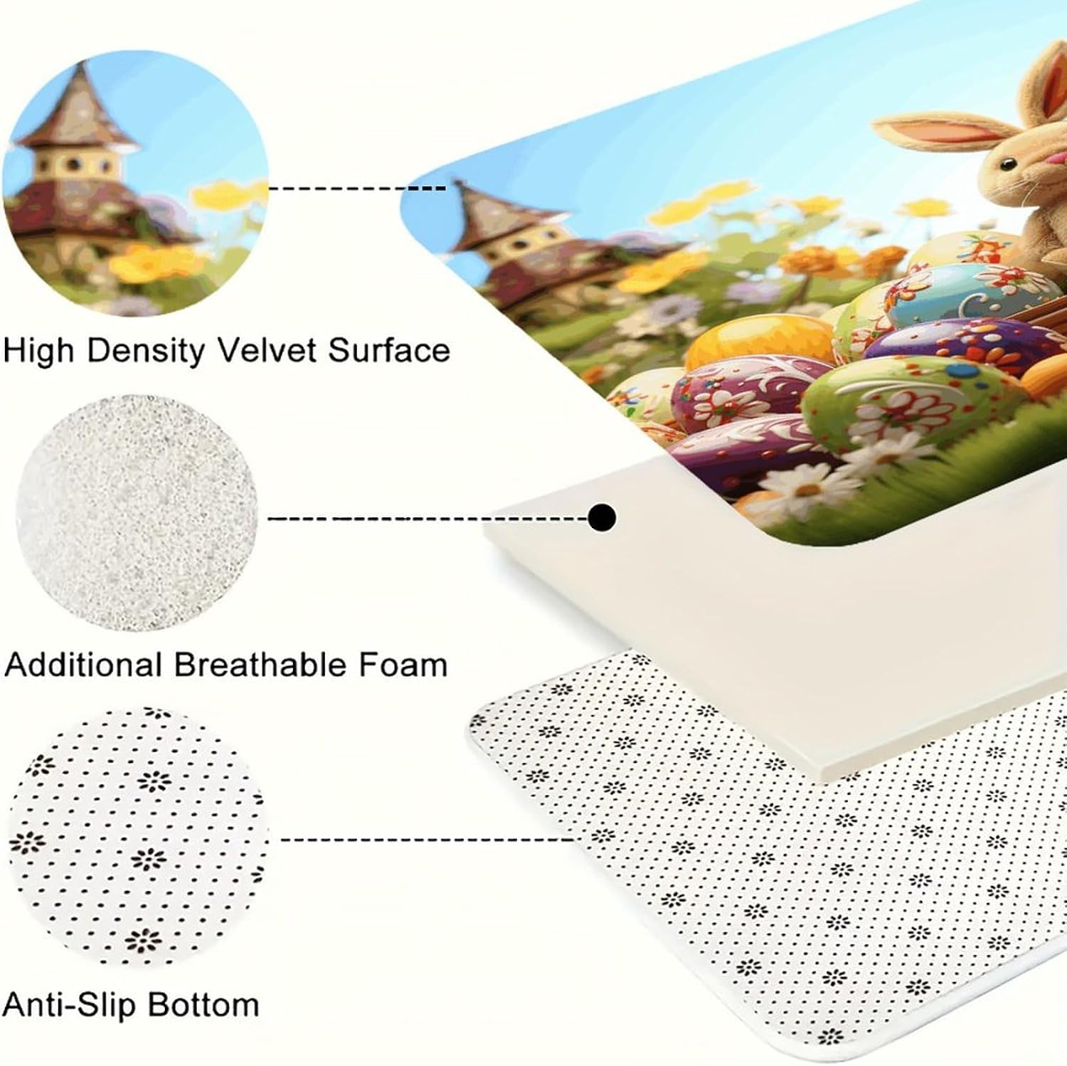 Easter Colorful Eggs Kitchen Rugs Sets of 3 Washable Non Slip Kitchen Rug Water Resistant Carpet Piece Anti Fatigue Kitchen Mats Soft Comfort Standing Mat Modern Area Rug