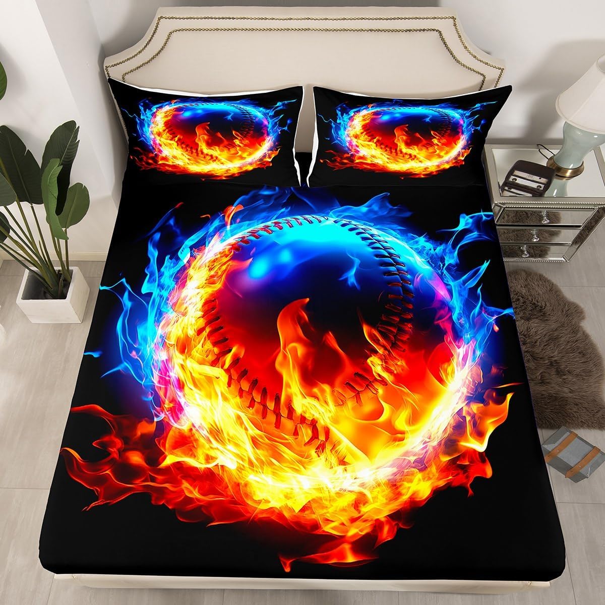 jejeloiu Baseball Bed Sheets Set Queen Size Kids Sports Game Fitted Sheet for Boys Girls Teens Fire and Ice Bedding Set Breathable Soft Lightweight Baseball Gaming Room Decor