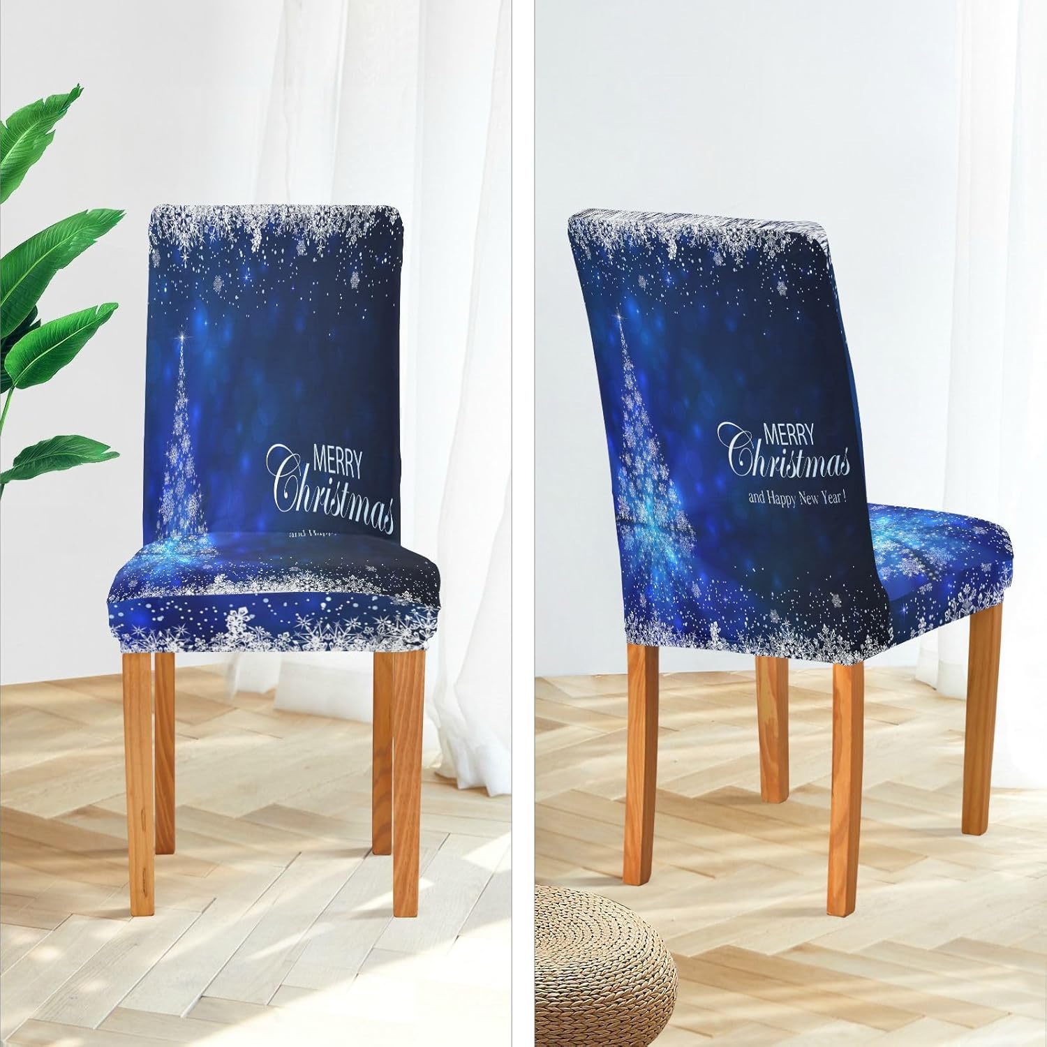 Blue Christmas Tree Dining Room Chair Covers Set of 2,Stretchable Removable Washable Spandex Kitchen Chair Protector Slipcovers for Restaurant,Hotel,Ceremony,Christmas,Festival Decoration