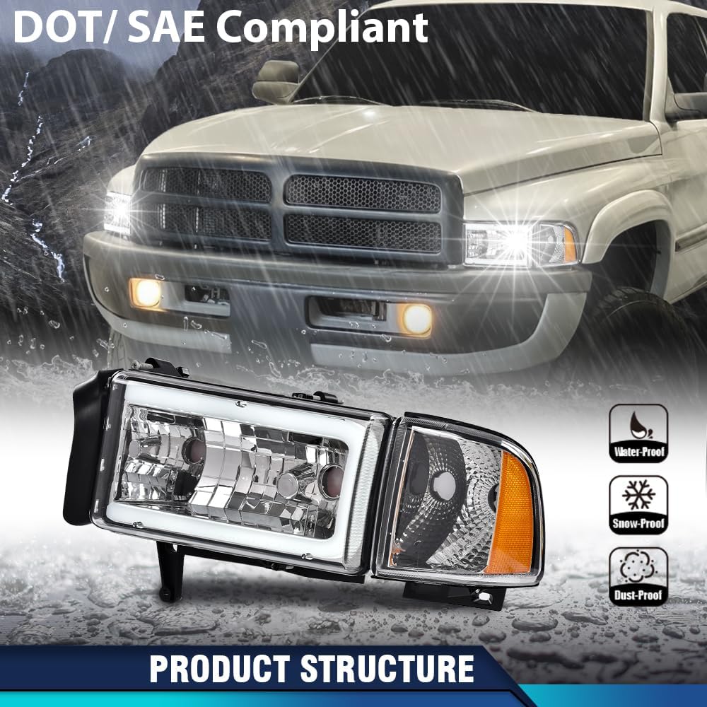 PIT66 Pair Headlight LED Light Strip w/o Bulbs Compatible with Dodge Ram 1500 1994-2001/2500 3500 1994-2002 (Not Fit Sport & Ram Van Model) Headlamps Clear Lens Chrome Housing Amber Refelector