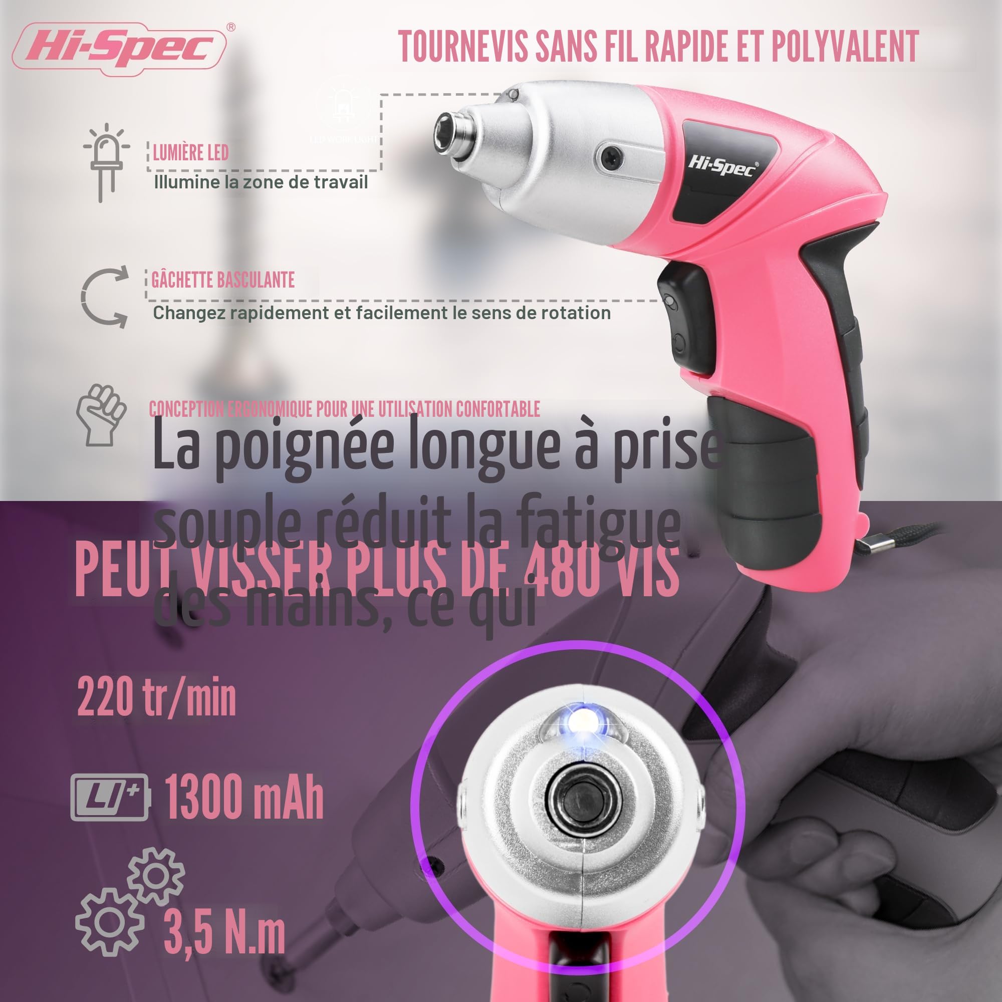 Hi-Spec Perceuse Visseuse Sans Fil 3.6V USB – Kit d’Outils Maison 19 Pièces Rose, Tournevis Électrique Rechargeable avec Coffret Compact boîte à outils compacte