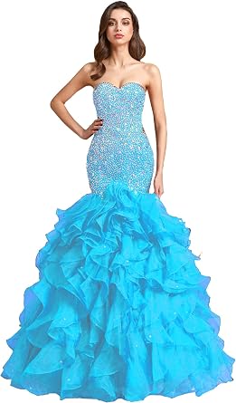 Crystals Long Mermaid Ruffles Beaded Sweetheart Corset Formal Prom Evening Dresses