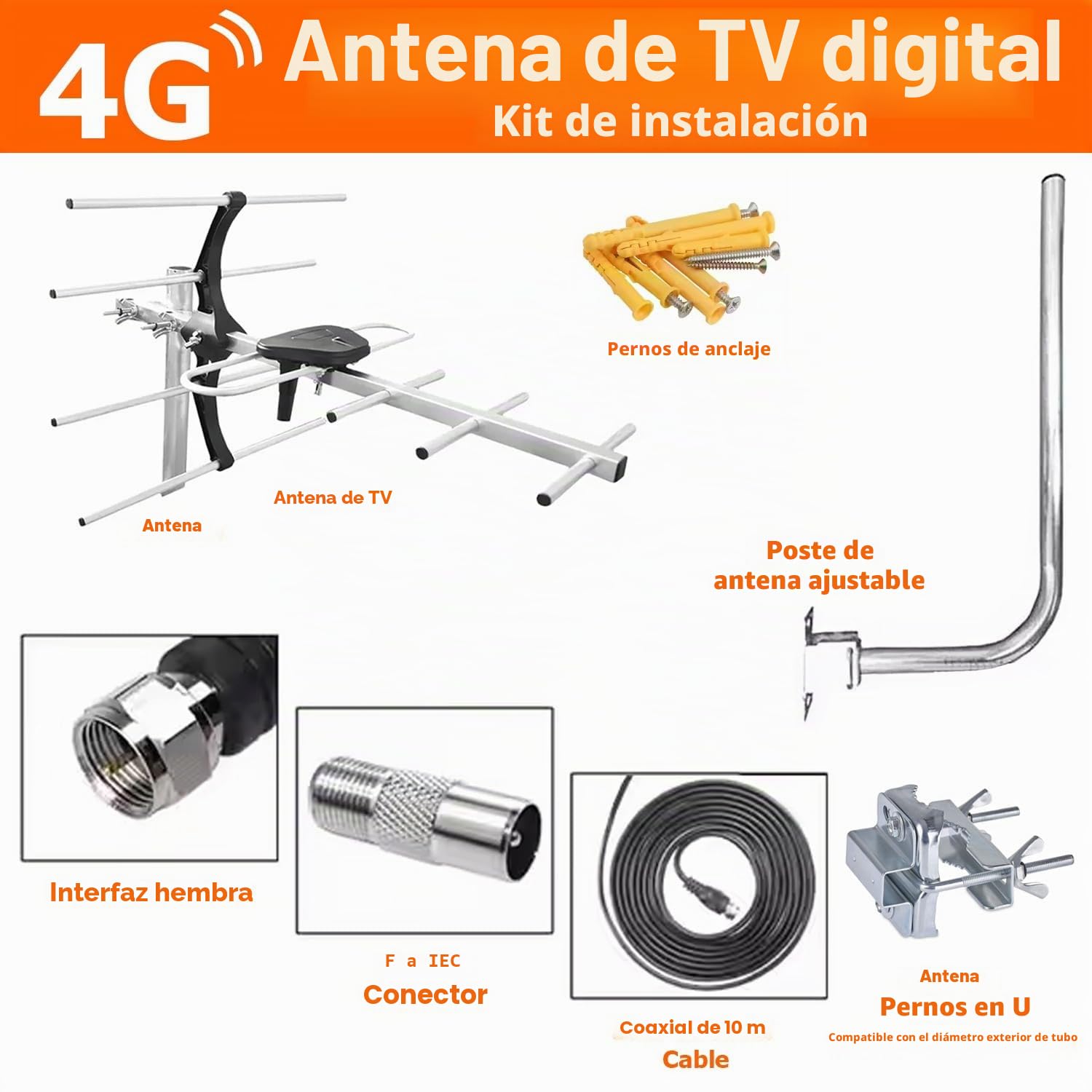 Kit de instalación de antena de TV digital 4G para exteriores, antena de techo para TV digital Smart Freeview HD al aire libre + conector coaxial macho hembra de 10 m RG6 tornillos de fijación de