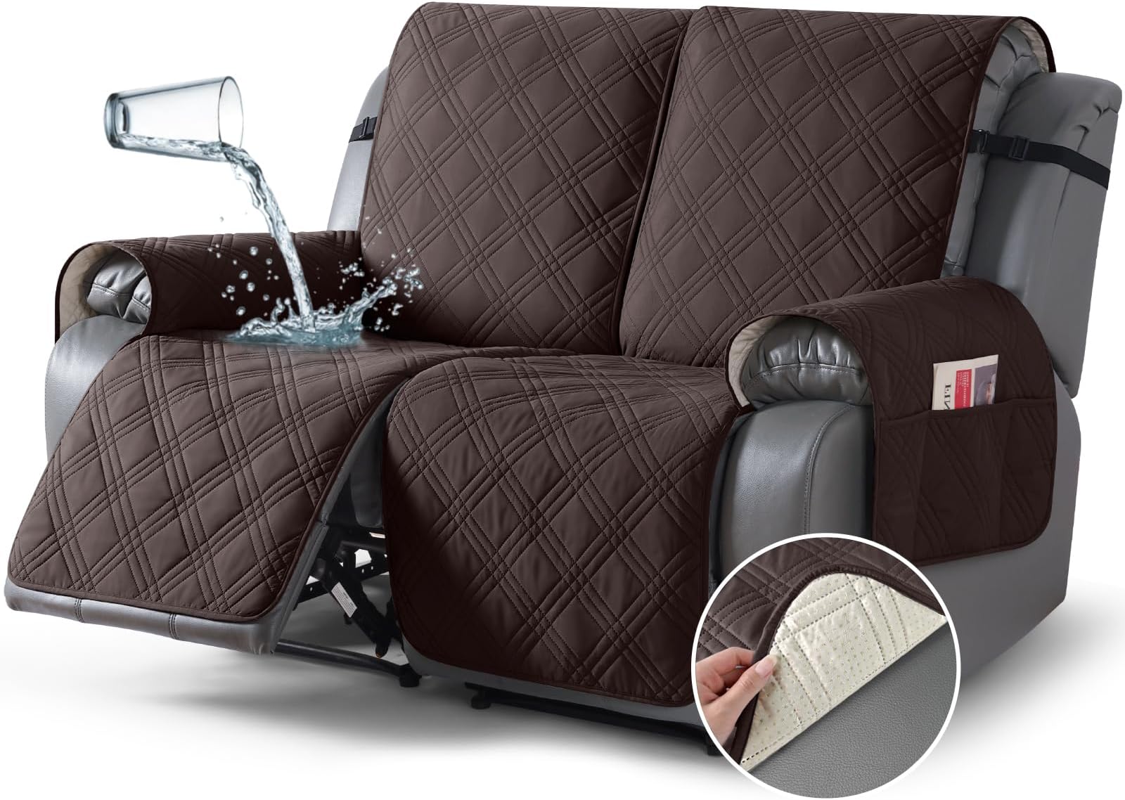 100% Waterproof Loveseat Recliner Cover Non-Slip Split Sofa Slipcover, Washable Reclining Sofa Cover Furniture Protector with Elastic Straps Pocket for Kids, Dogs, Pets(2 Seater, Chocolate)