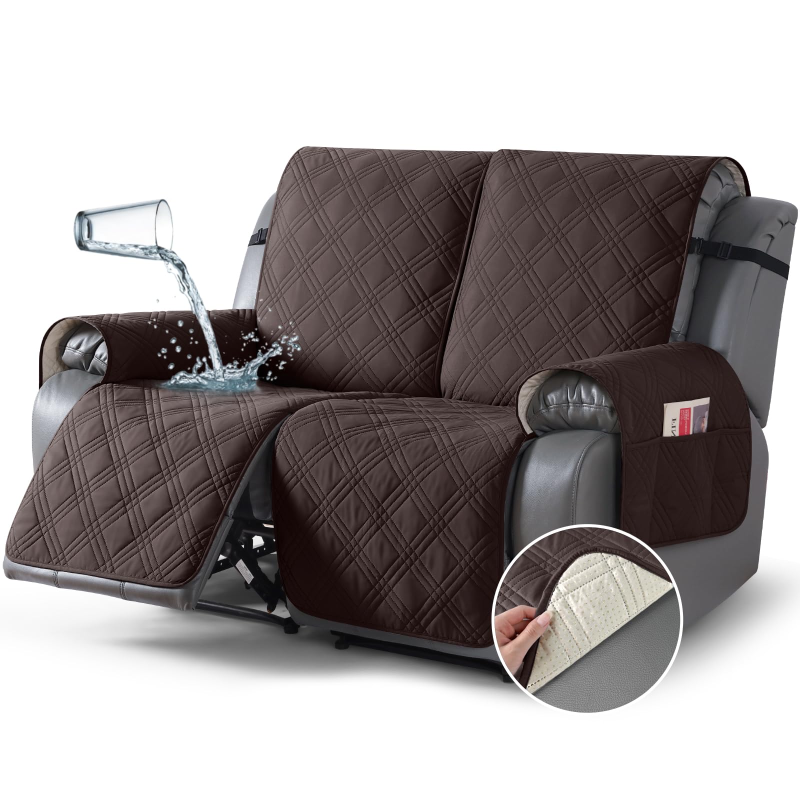TAOCOCO Waterproof Loveseat Recliner Cover for Pets, 2 Seater Chocolate with Non-Slip Straps